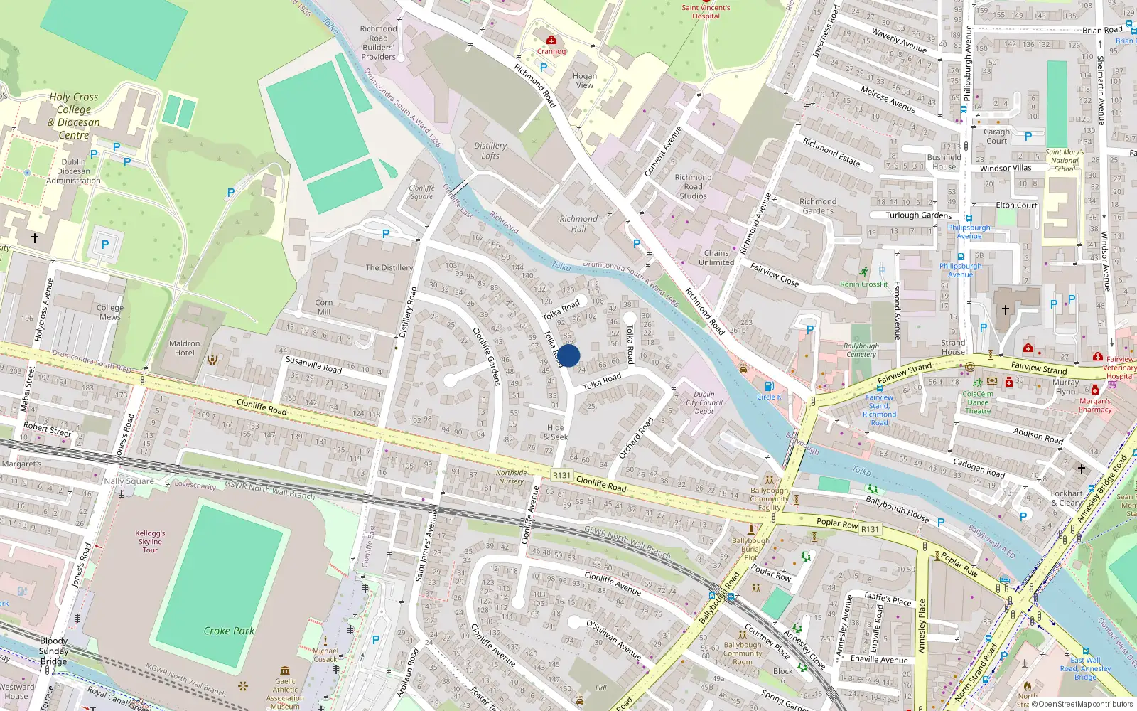 Overhead map showing the location of 78 Tolka Road, Drumcondra, Dublin 3