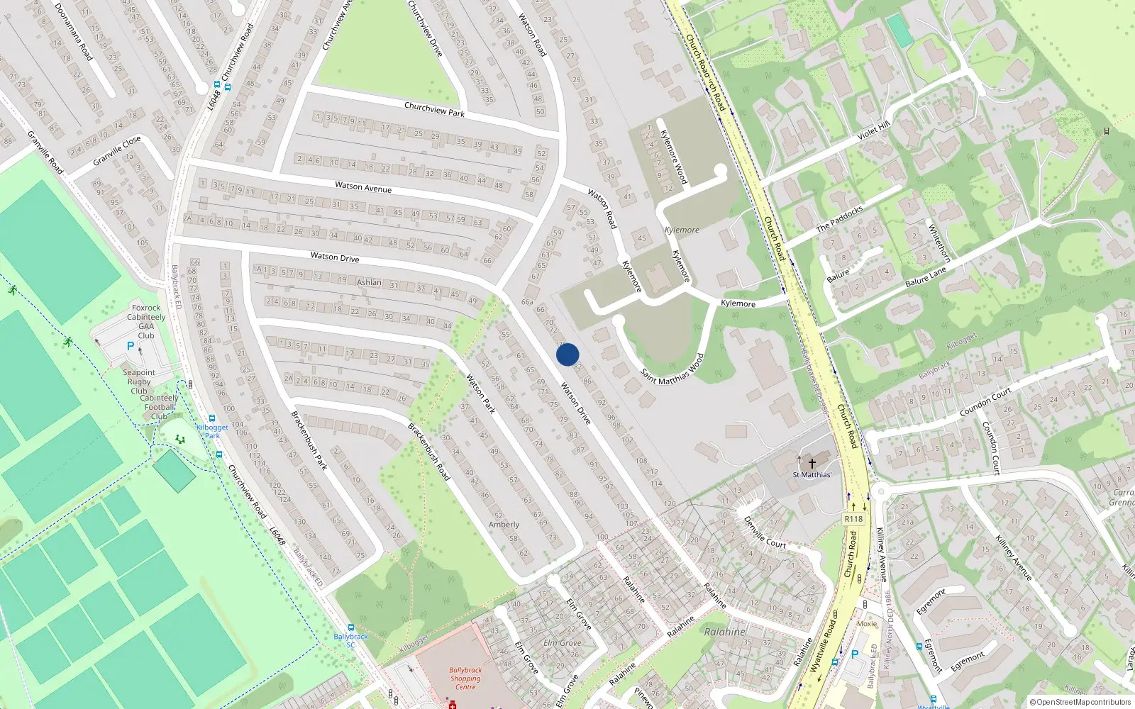 Overhead map showing the location of 78 Watson Drive, Killiney, Dublin