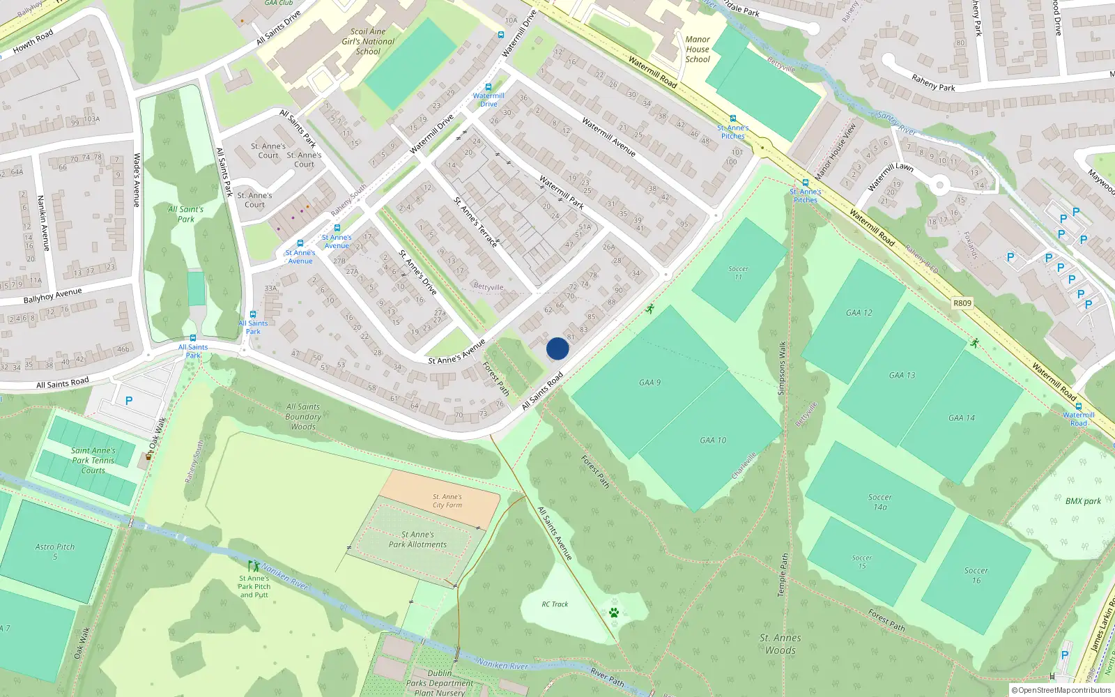 Overhead map showing the location of 79 All Saints Road, Dublin 5