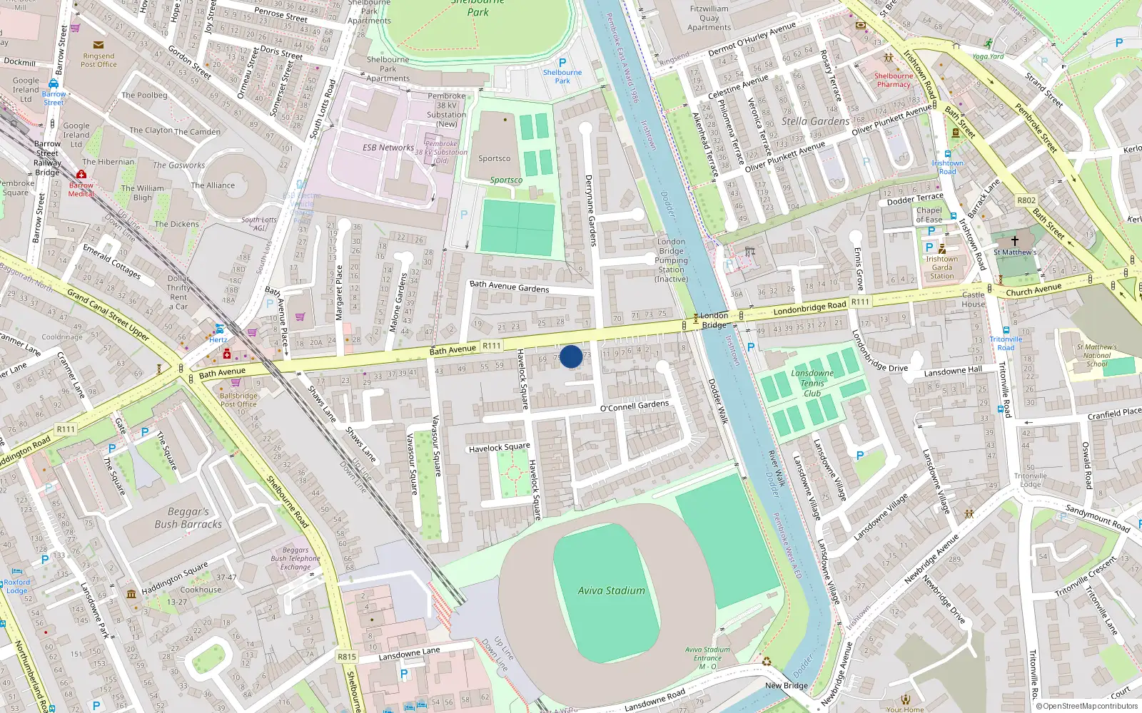 Overhead map showing the location of 79 Bath Avenue, Dublin 4