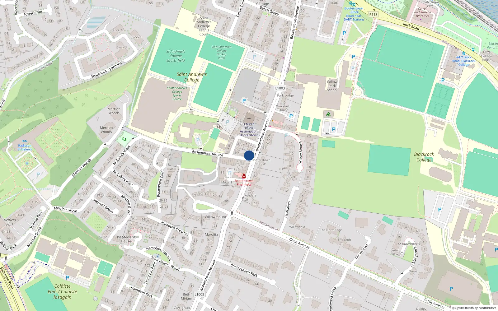 Overhead map showing the location of 79 Booterstown Avenue, Blackrock