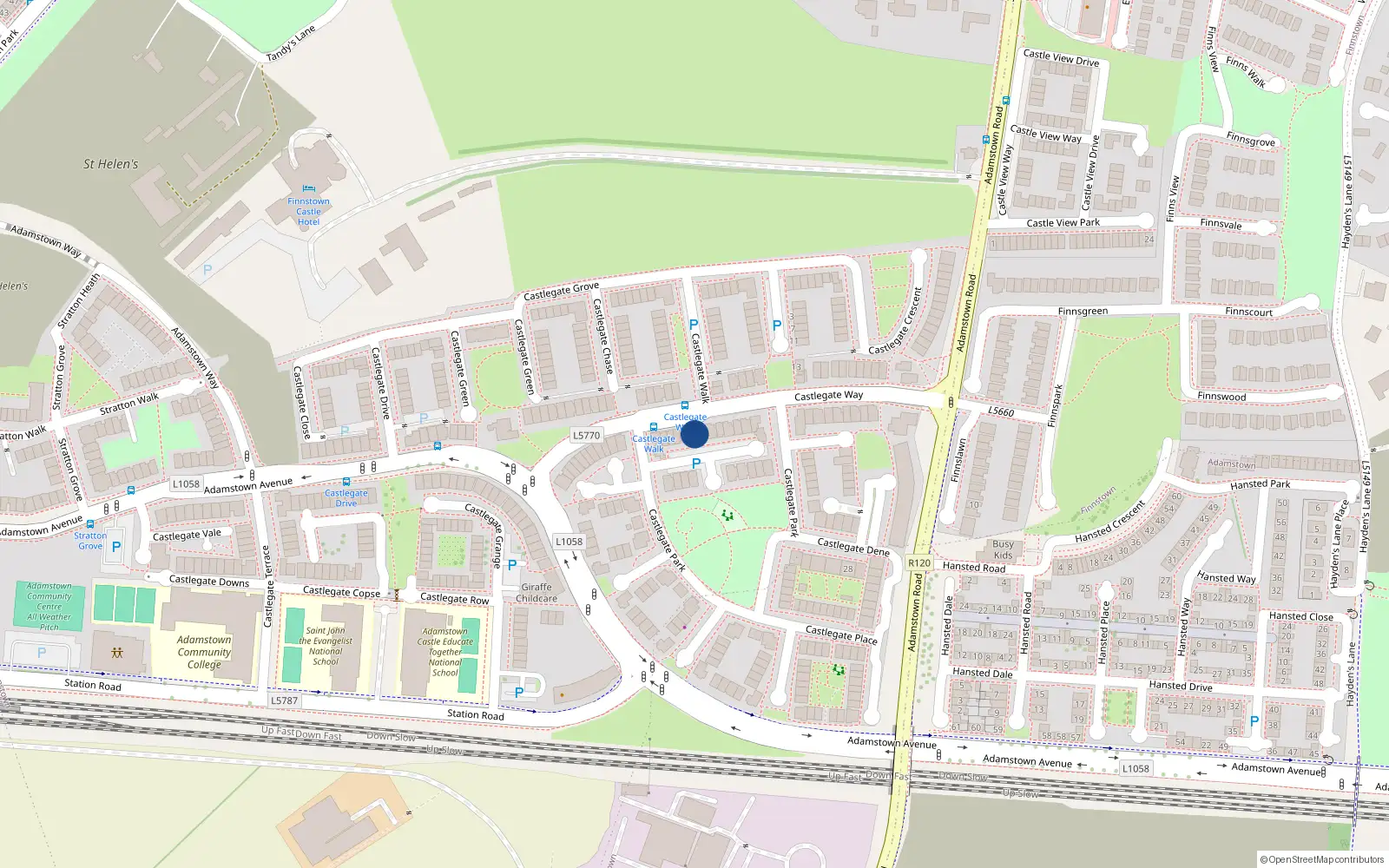 Overhead map showing the location of 79 Castlegate Way, Lucan