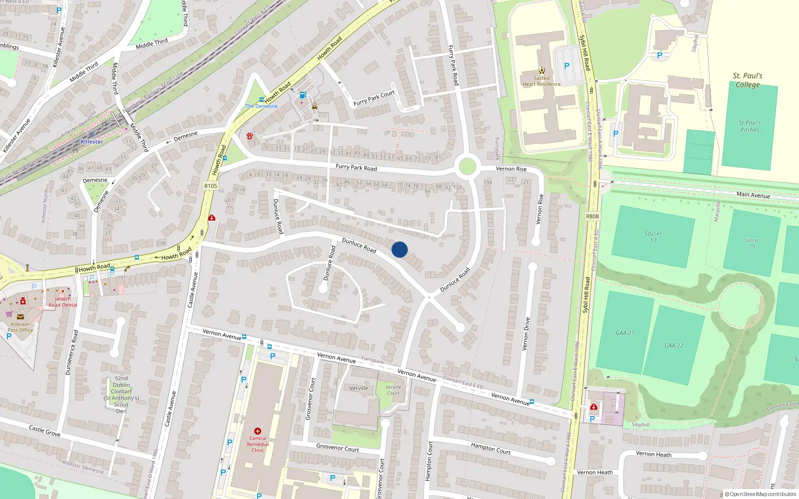 Overhead map showing the location of 79 Dunluce Road, Dublin 3
