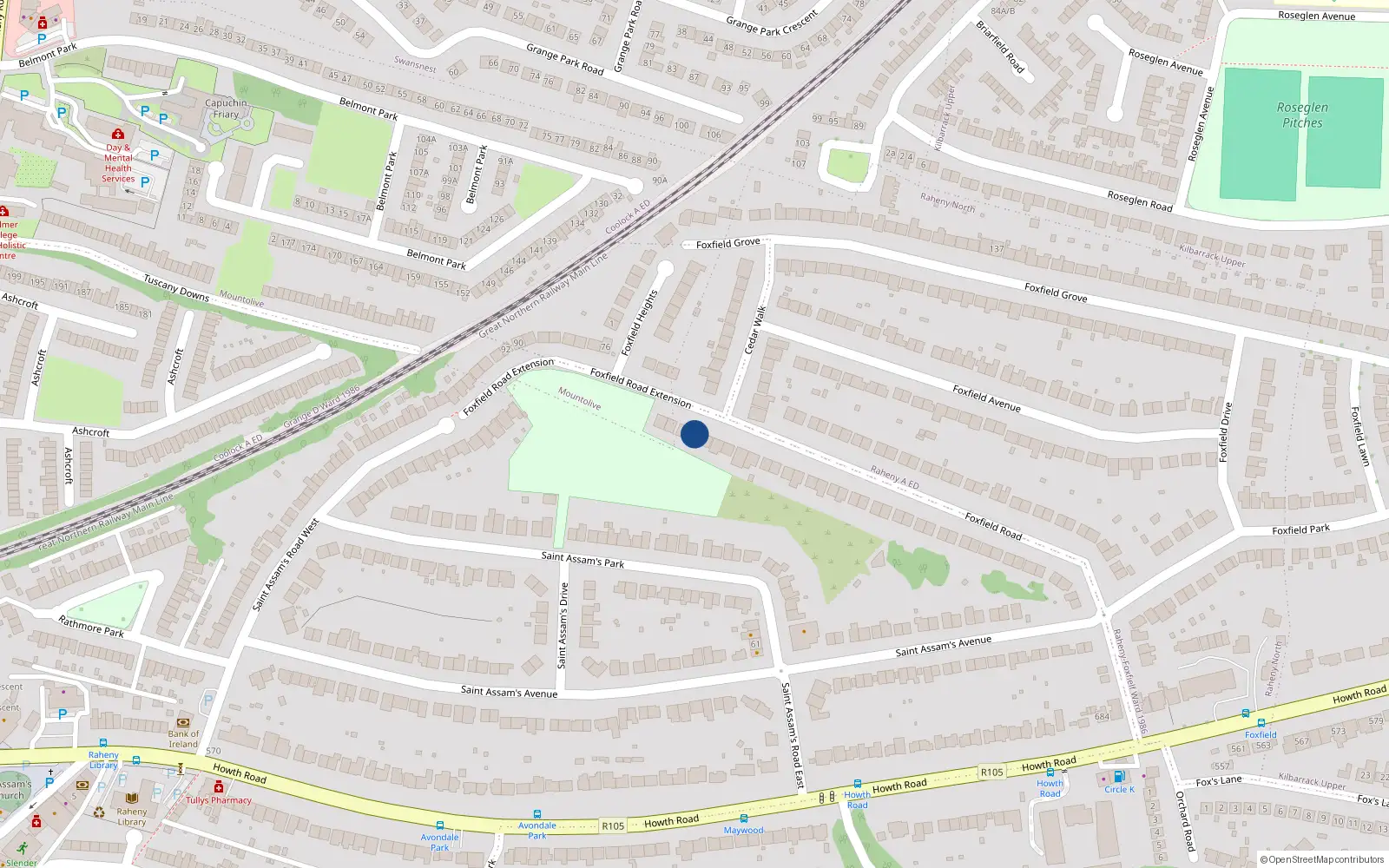 Overhead map showing the location of 79 Foxfield Road, Dublin 5