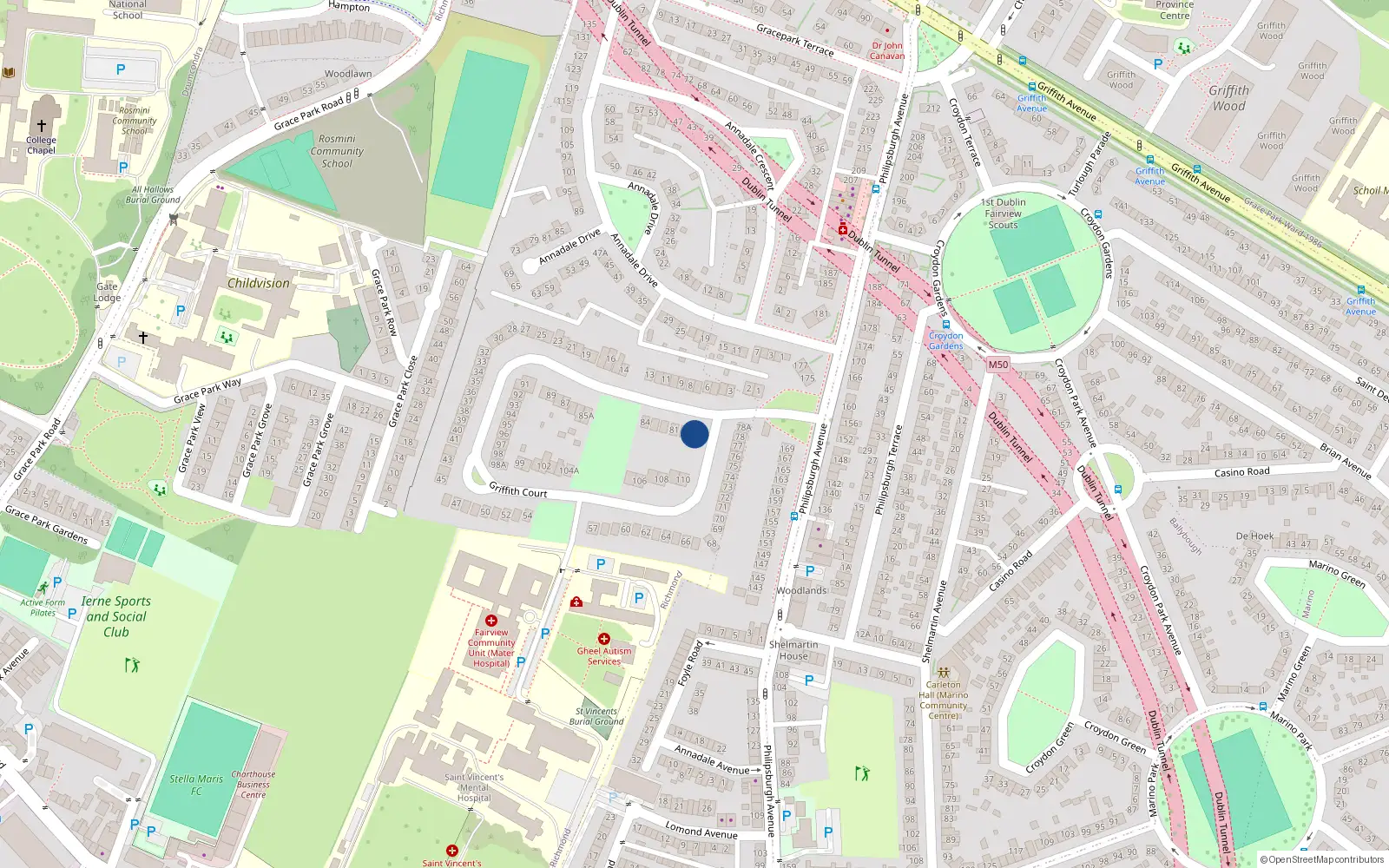 Overhead map showing the location of 79 Griffith Court, Dublin 3