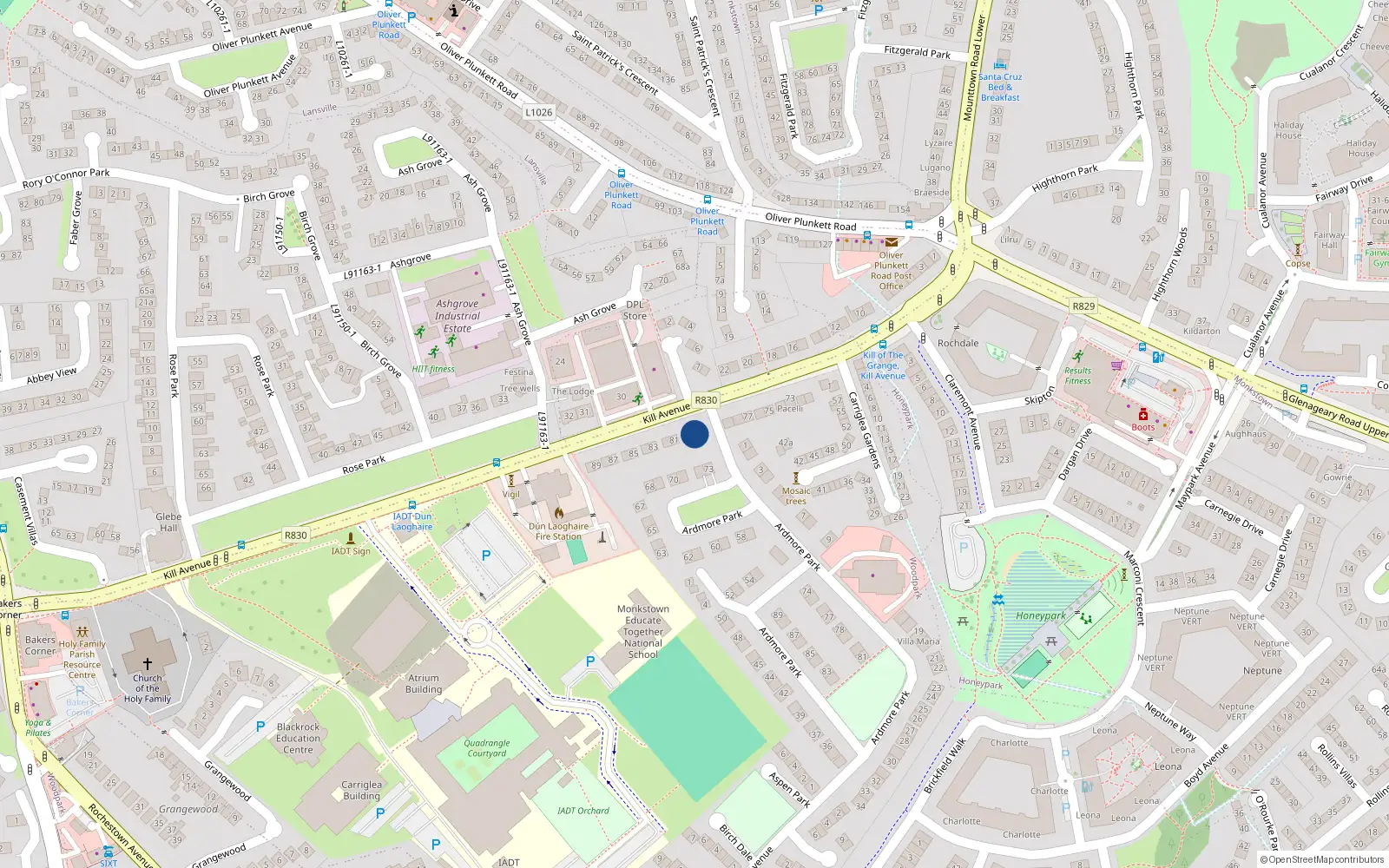 Overhead map showing the location of 79 Kill Avenue, Dun Laoghaire, Dublin