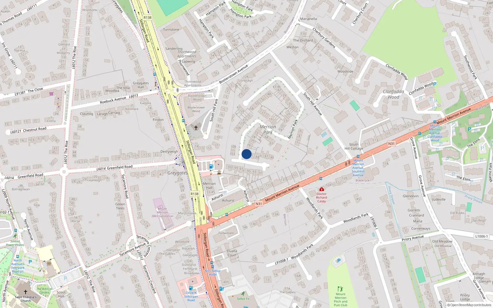 Overhead map showing the location of 79 Merrion Park, Blackrock