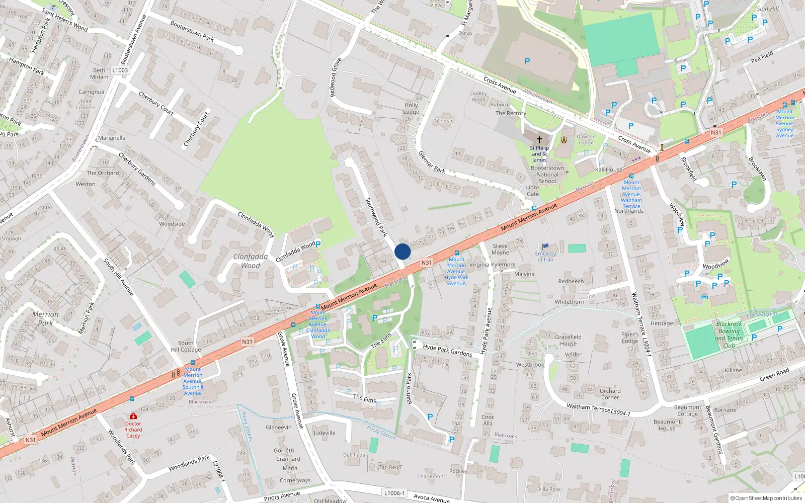 Overhead map showing the location of 79 Mount Merrion Avenue, Blackrock, Dublin