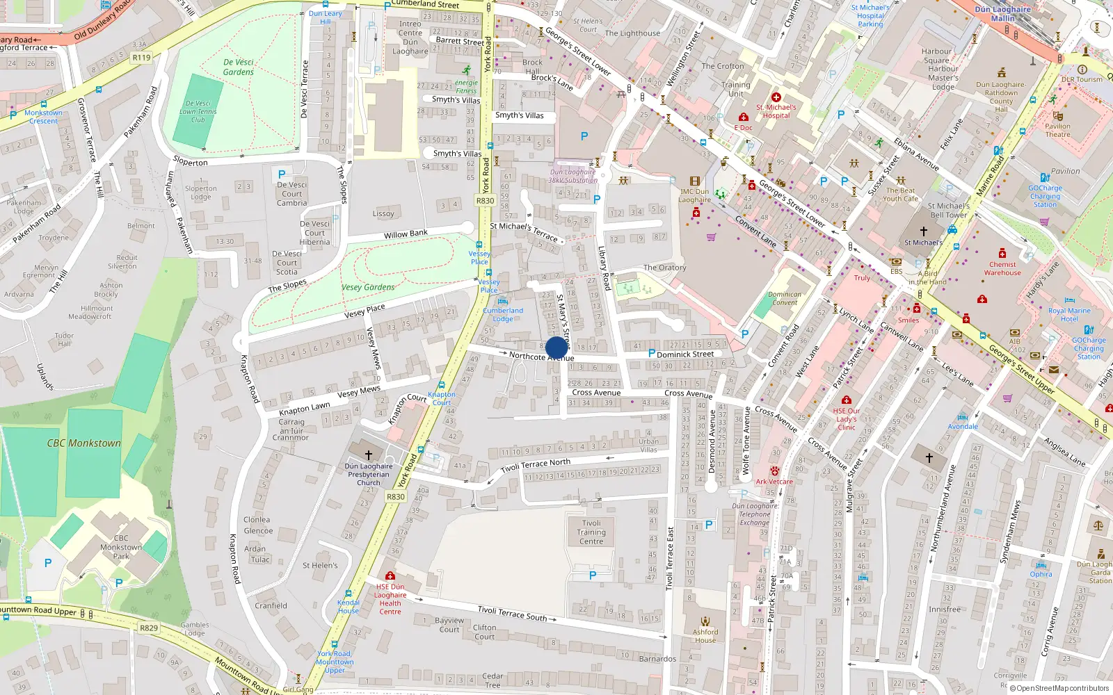 Overhead map showing the location of 79 Northcote Terrace, Dun Laoghaire, Dublin