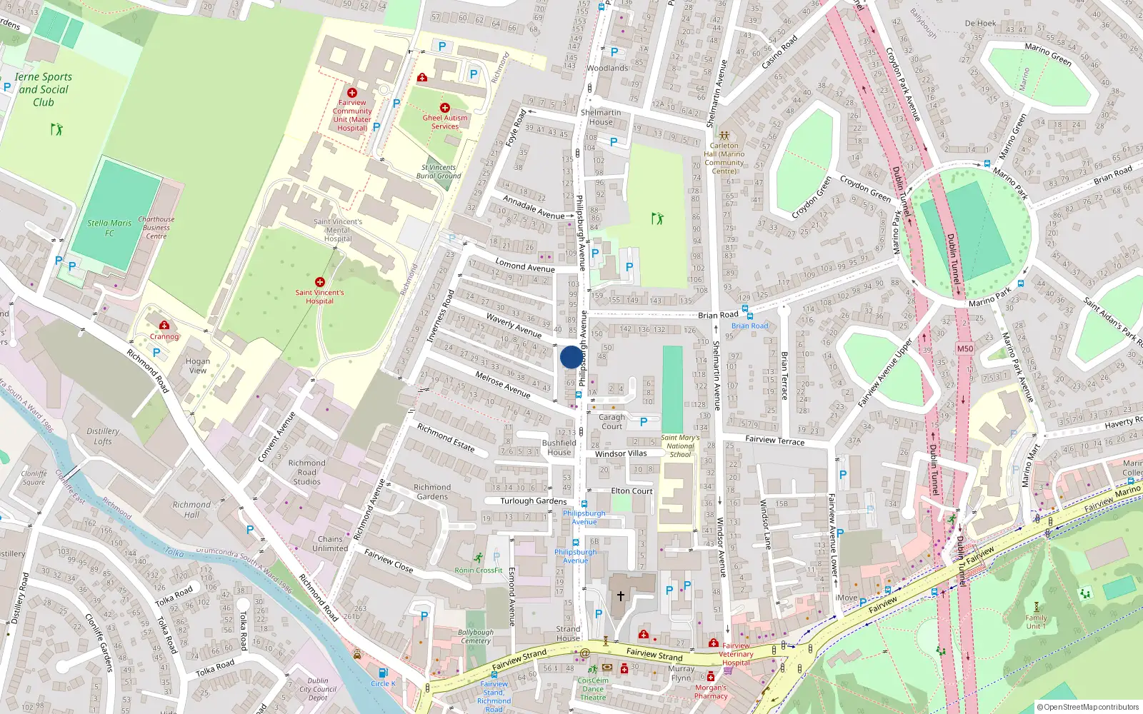 Overhead map showing the location of 79 Philipsburgh Avenue, Fairview, Dublin 3