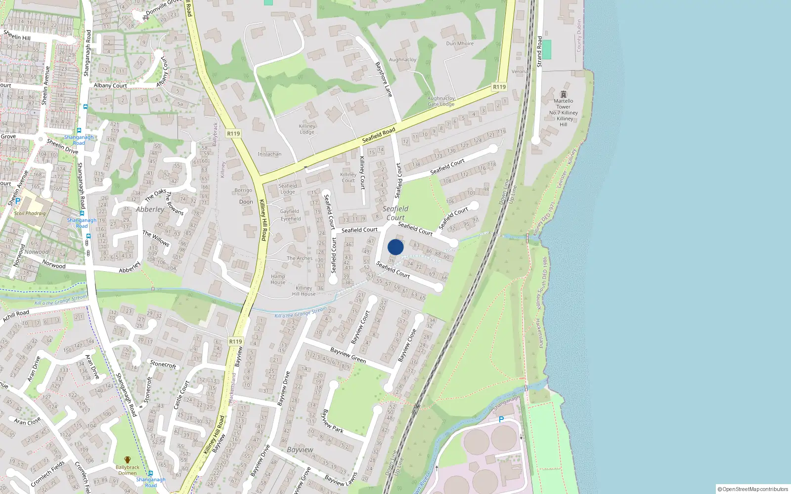 Overhead map showing the location of 79 Seafield Court, Killiney