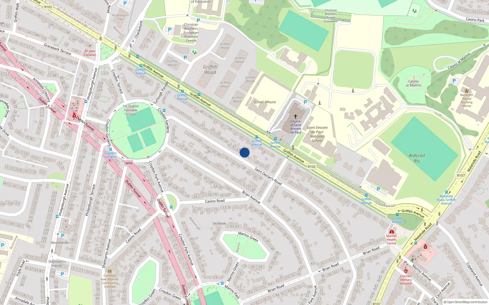 Overhead map showing the location of 79 Saint Declan's Road, Dublin 3