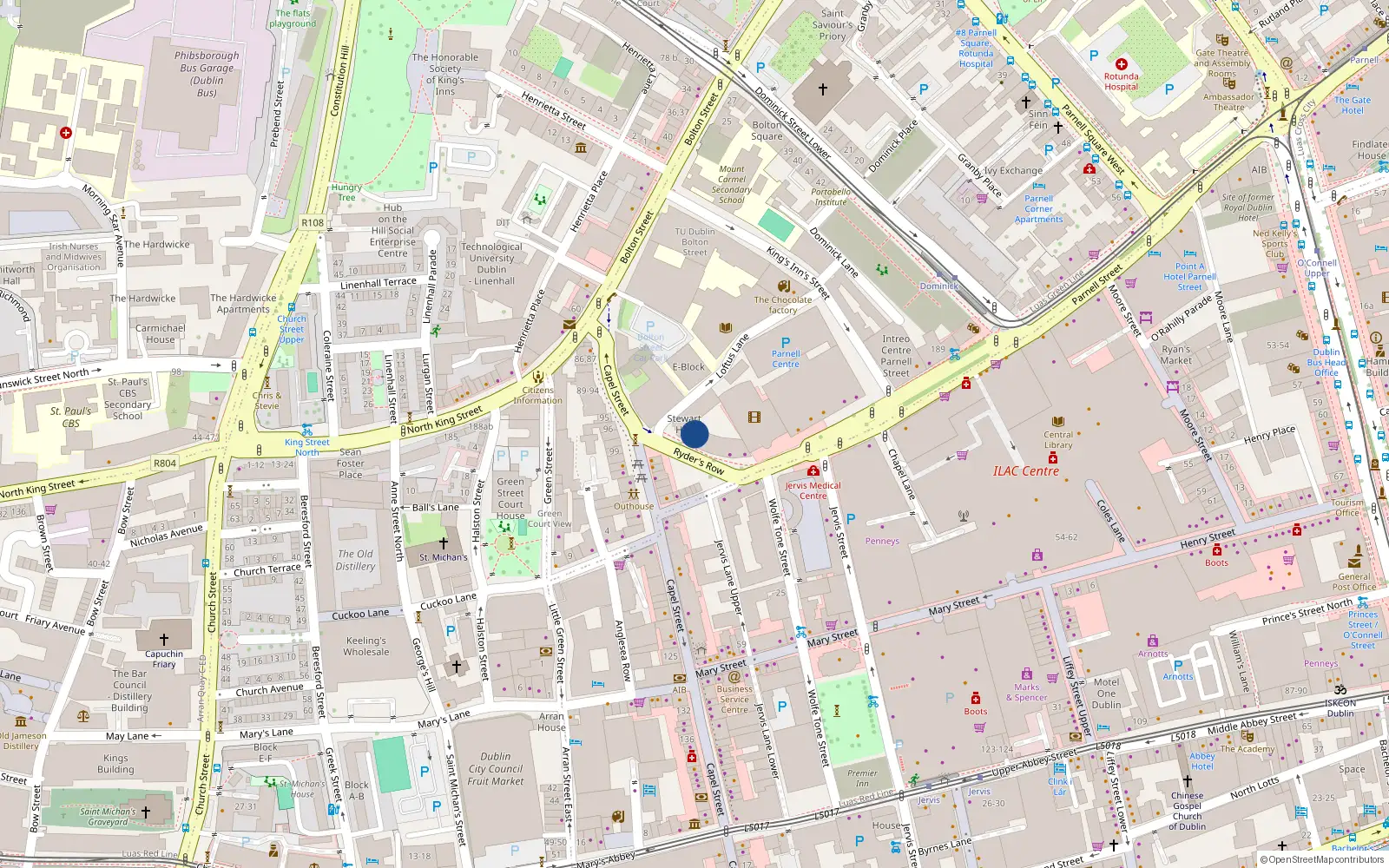 Overhead map showing the location of 79 Stewart Hall, Ryders Row, Dublin 1