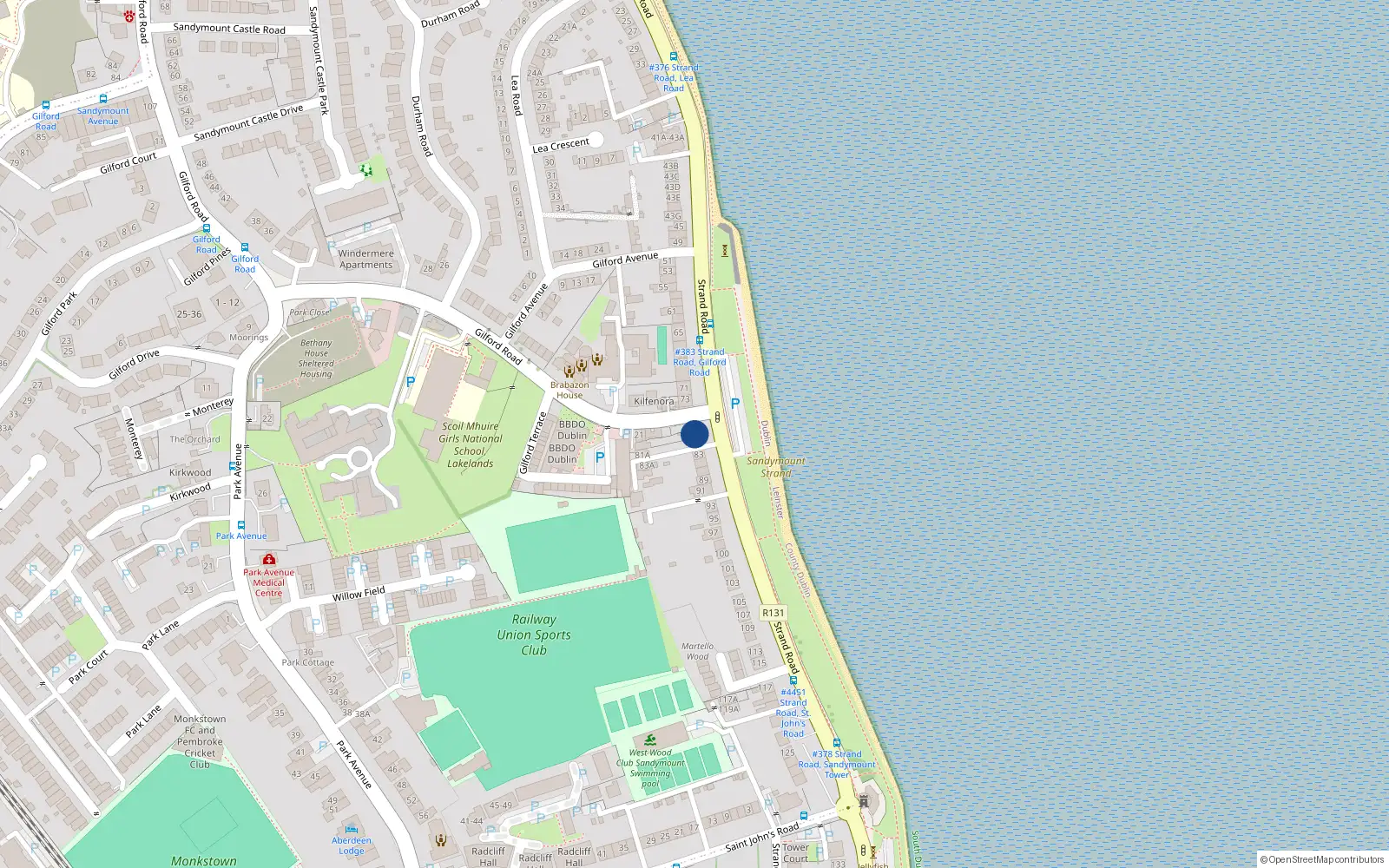 Overhead map showing the location of 79 Strand Road, Sandymount