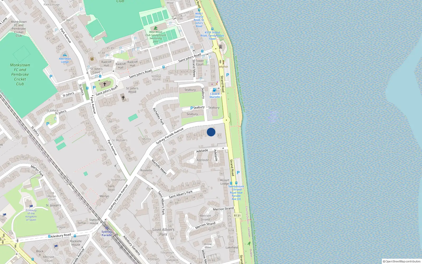 Overhead map showing the location of 79 Sydney Parade Avenue, Dublin 4