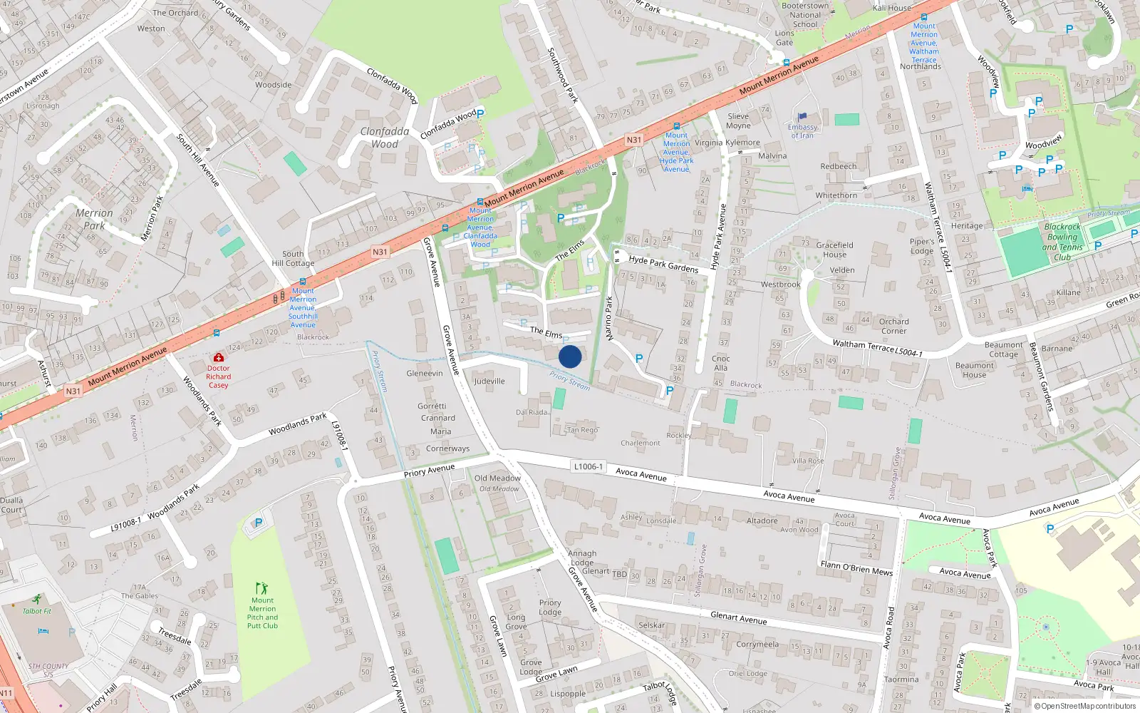 Overhead map showing the location of 79 The Elms, Blackrock