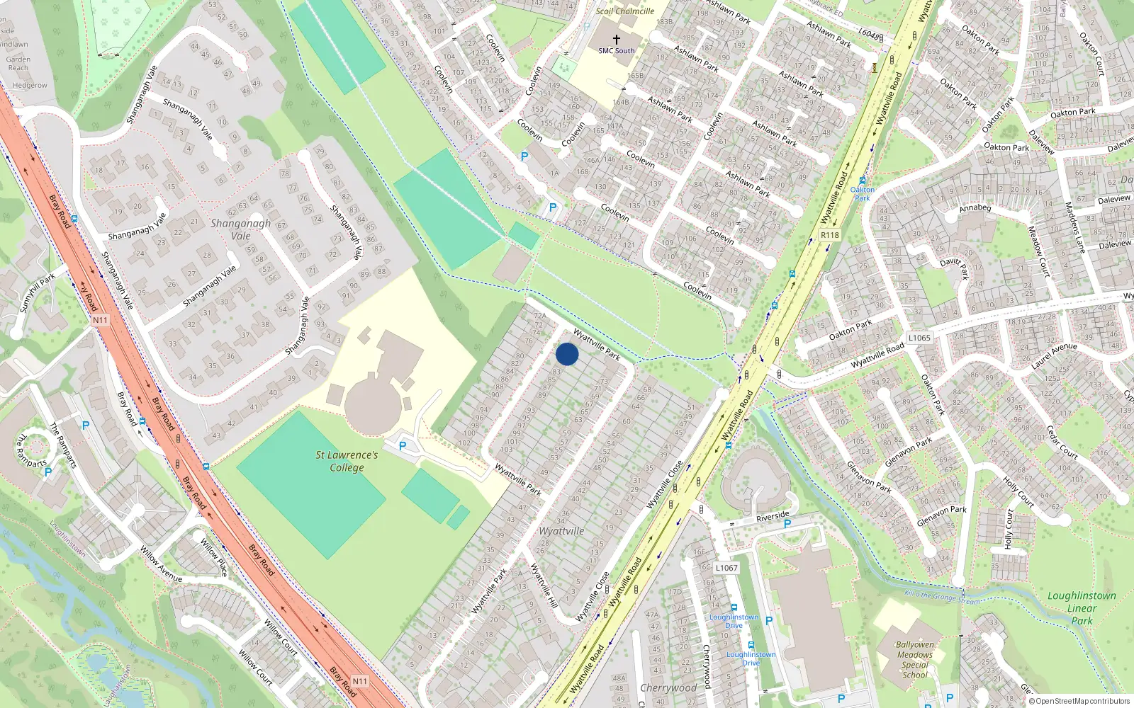 Overhead map showing the location of 79 Wyattville Park, Dublin