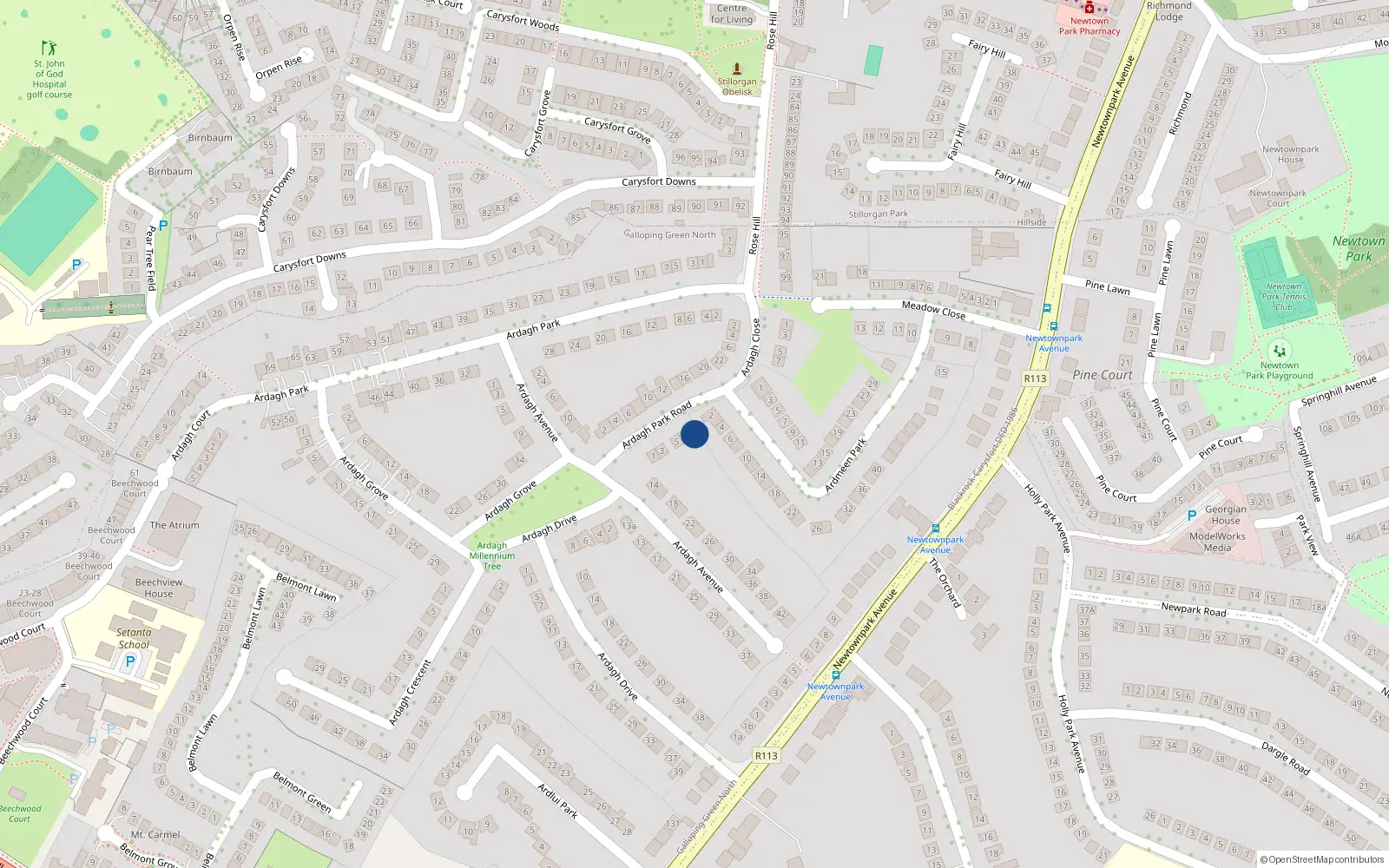 Overhead map showing the location of 7a Ardagh Park Road, Galloping Green North