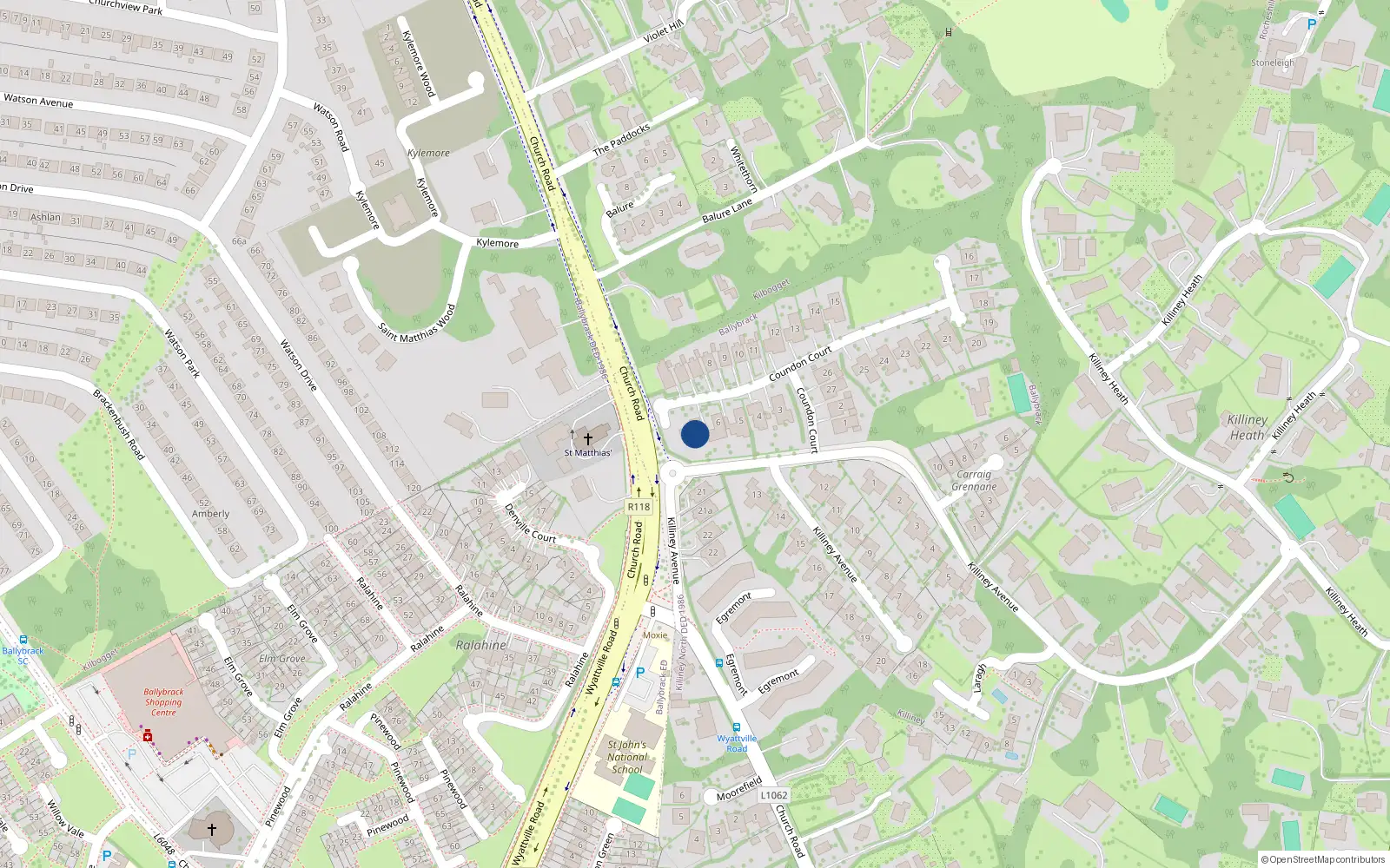 Overhead map showing the location of 7 Coundon Court, Killiney
