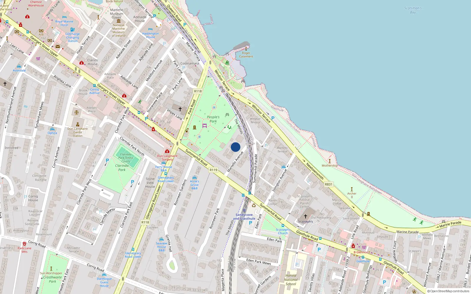 Overhead map showing the location of 7B Martello Avenue, Dun Laoghaire, Dublin