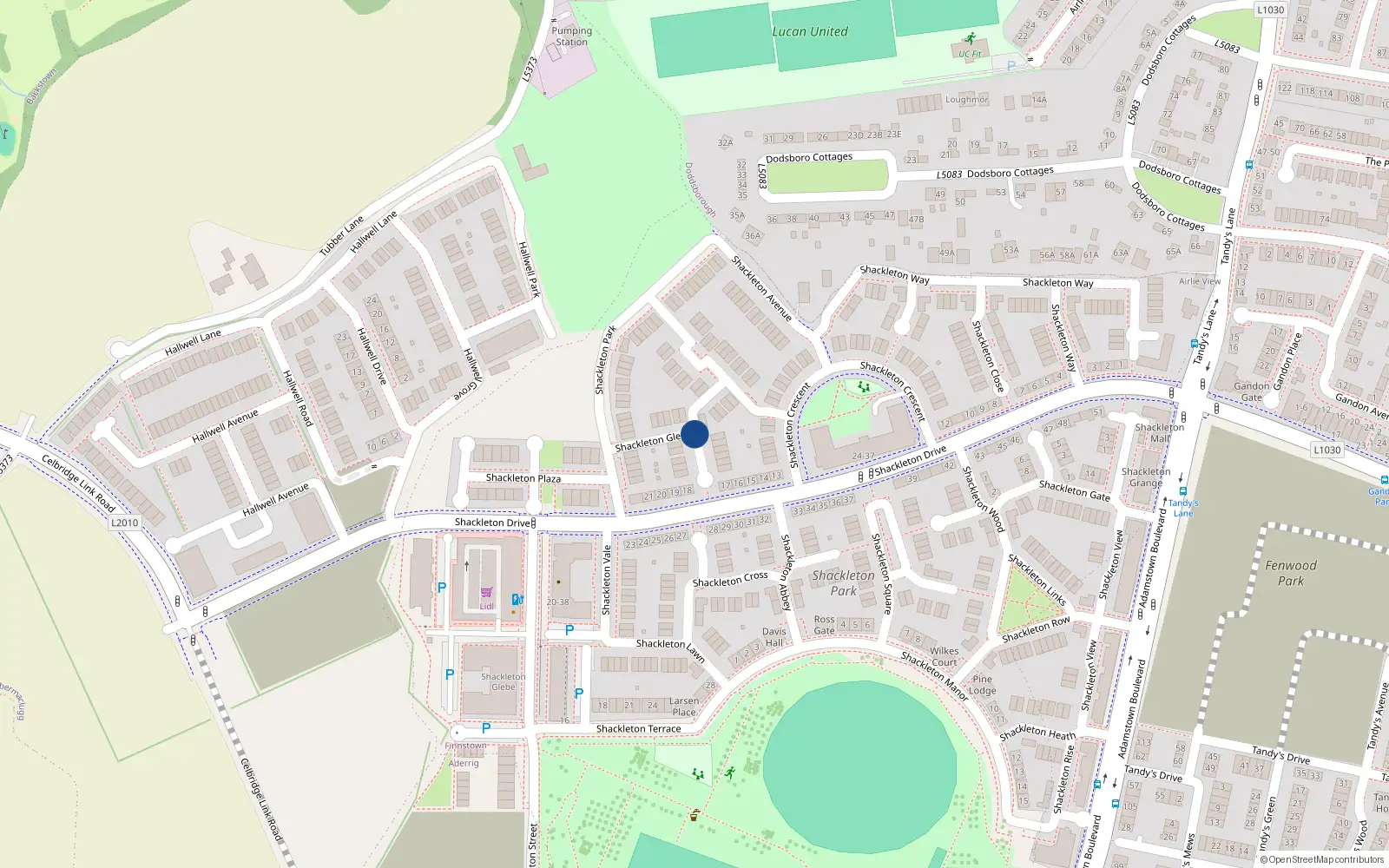 Overhead map showing the location of 11 Shackleton Glen, Lucan