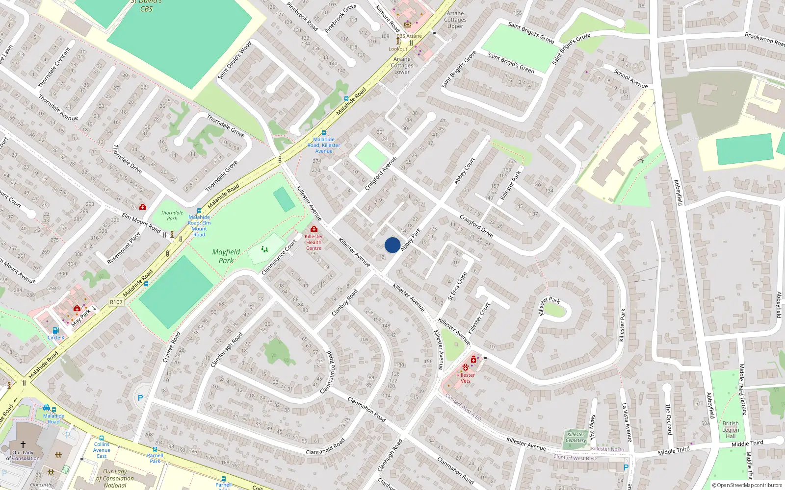 Overhead map showing the location of 8 Abbey Park, Killester, Dublin 5
