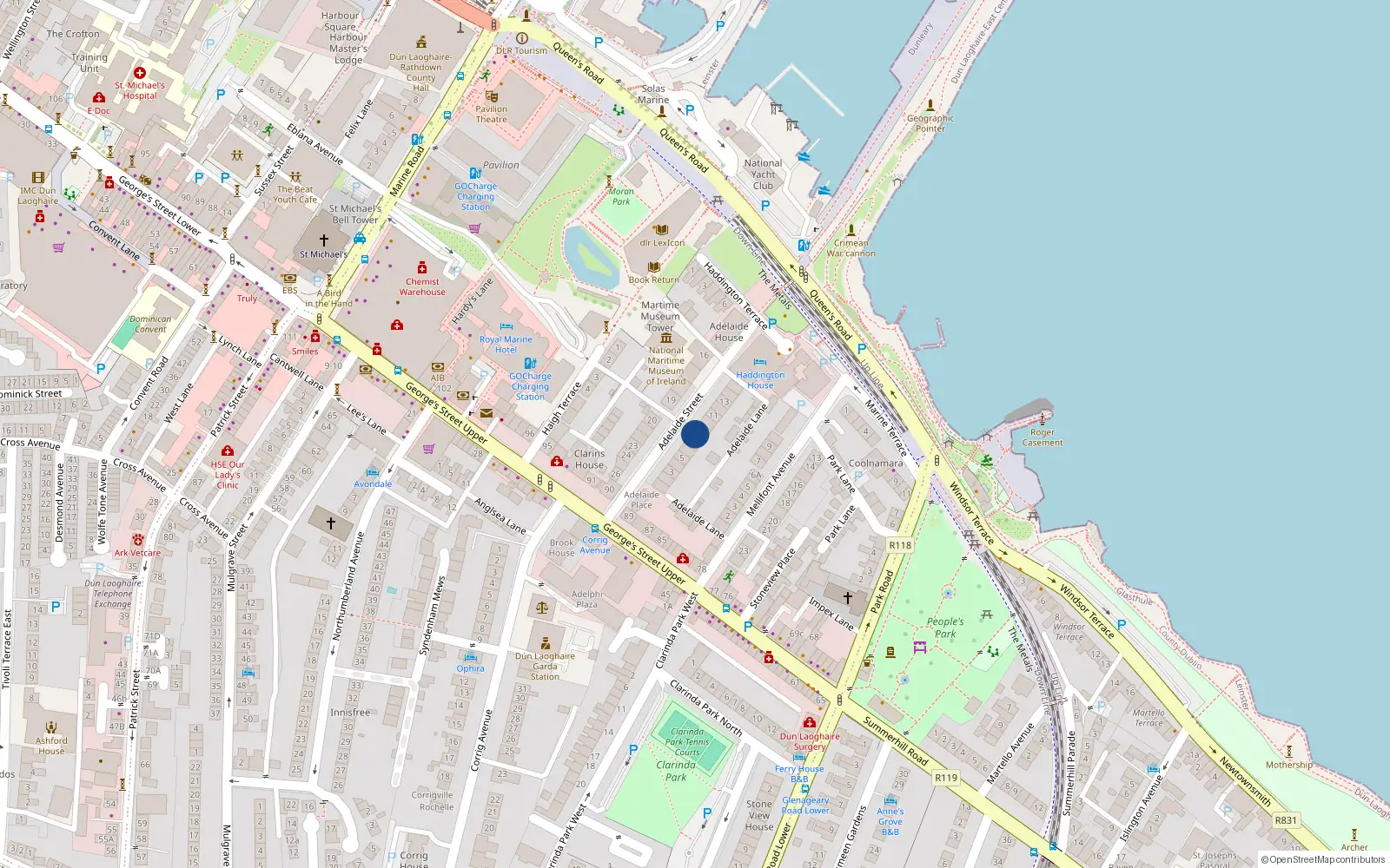 Overhead map showing the location of 8 Adelaide Street, Dún Laoghaire