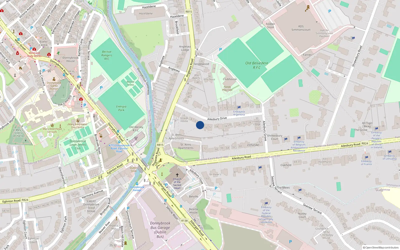 Overhead map showing the location of 8 Ailesbury Drive, Ballsbridge