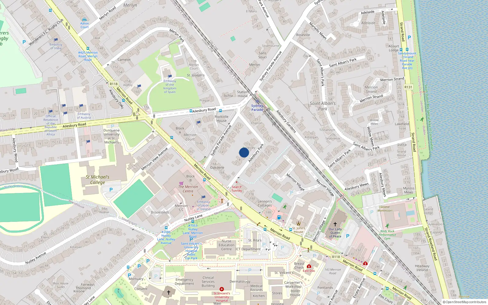 Overhead map showing the location of 8 Ailesbury Park, Merrion