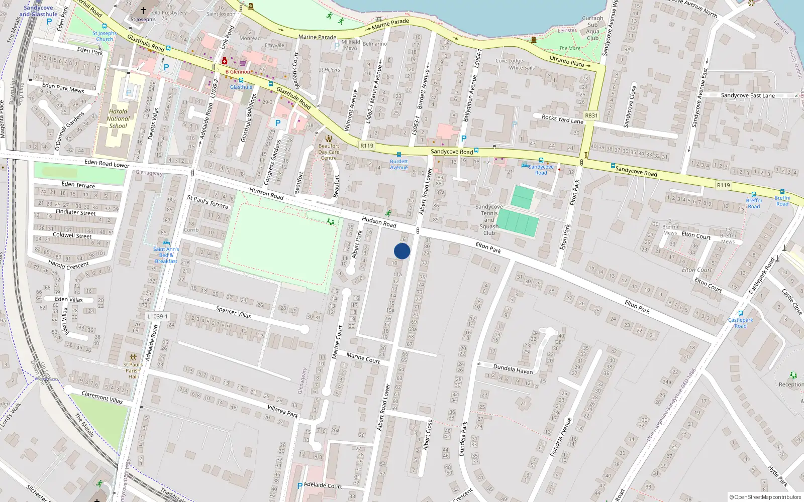Overhead map showing the location of 8 Albert Road Lower, Sandycove, Dublin