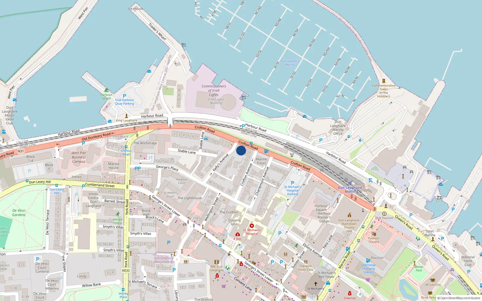 Overhead map showing the location of 8 Anglesea, Crofton Road, Dun Laoghaire