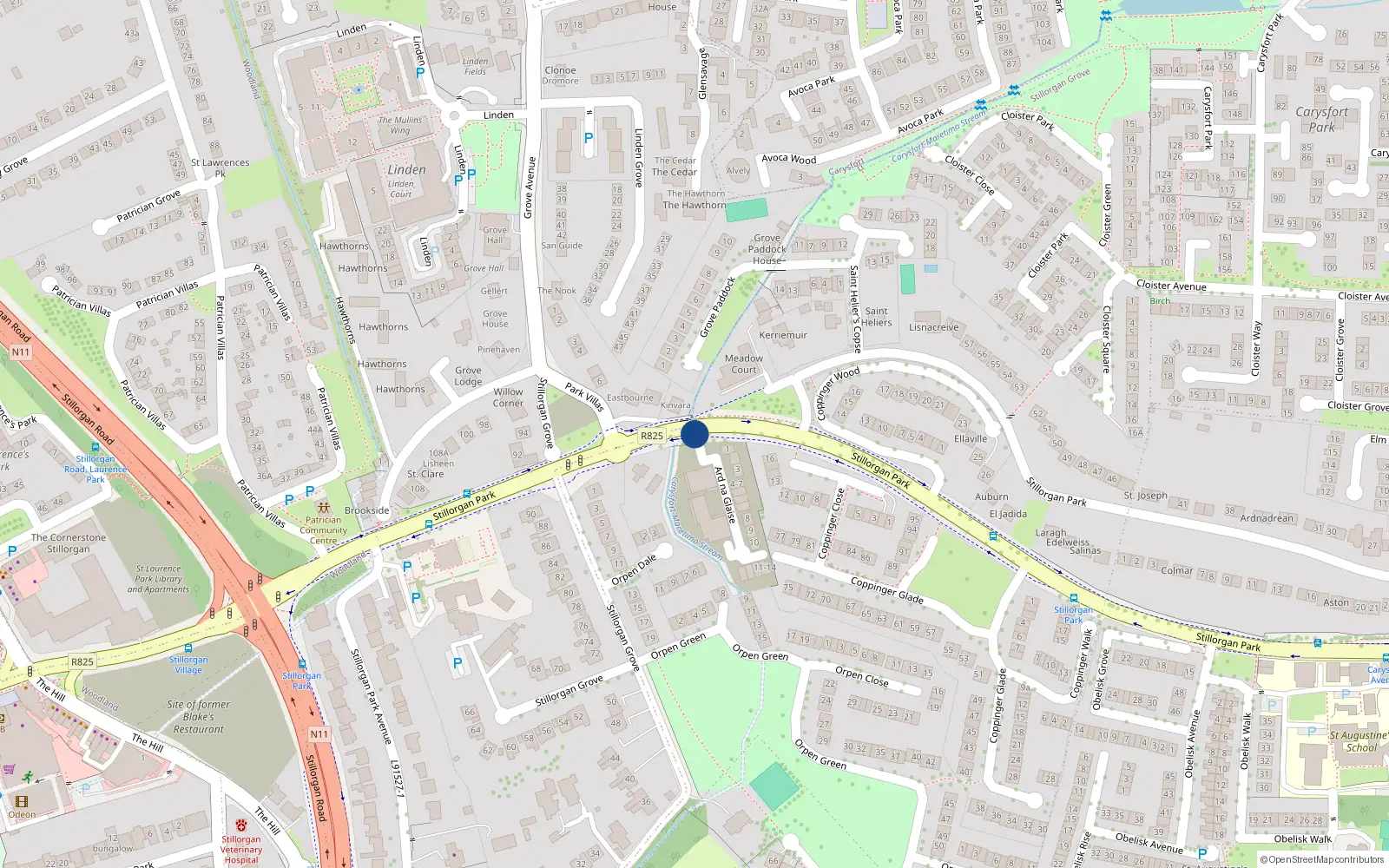 Overhead map showing the location of 8 Ard na Glaise, Stillorgan