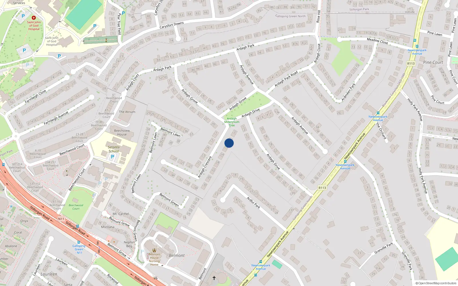 Overhead map showing the location of 8 Ardagh Crescent, Blackrock