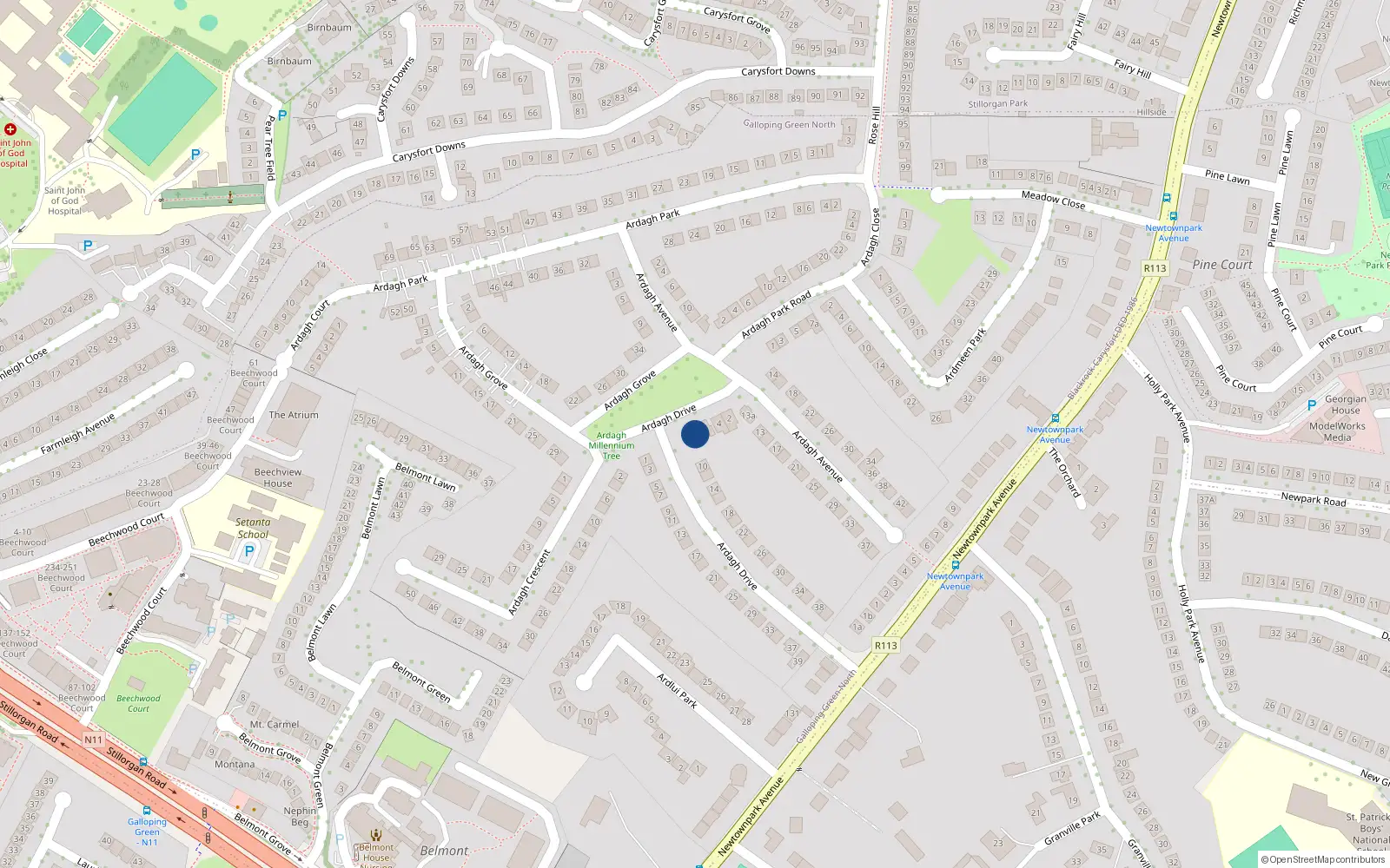 Overhead map showing the location of 8 Ardagh Drive, Blackrock