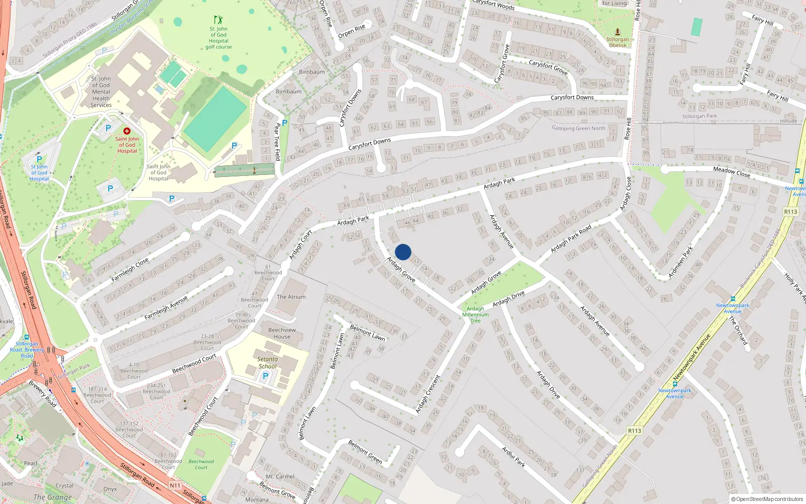 Overhead map showing the location of 8 Ardagh Grove, Blackrock, Dublin