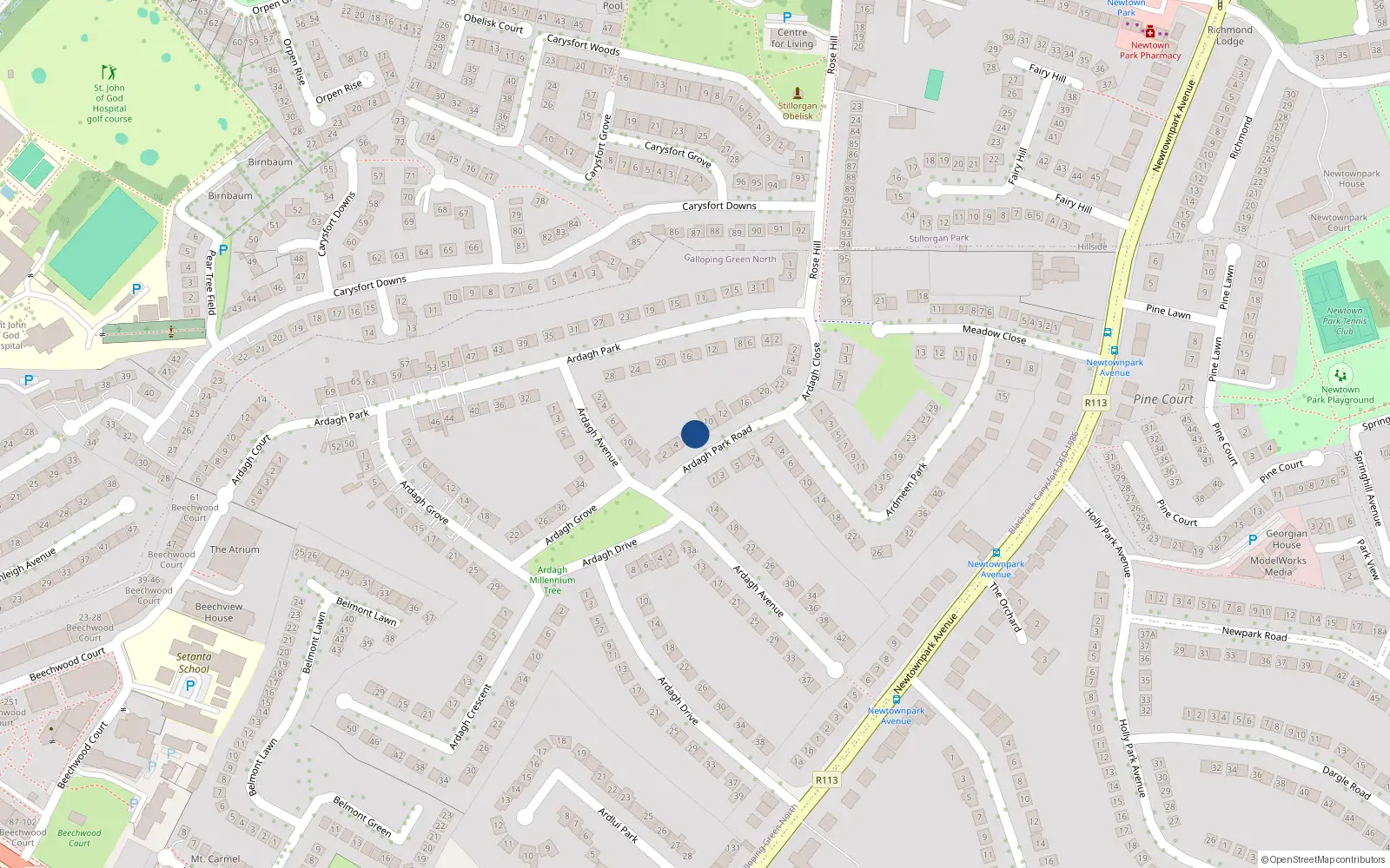 Overhead map showing the location of 8 Ardagh Park Road, Blackrock, Dublin