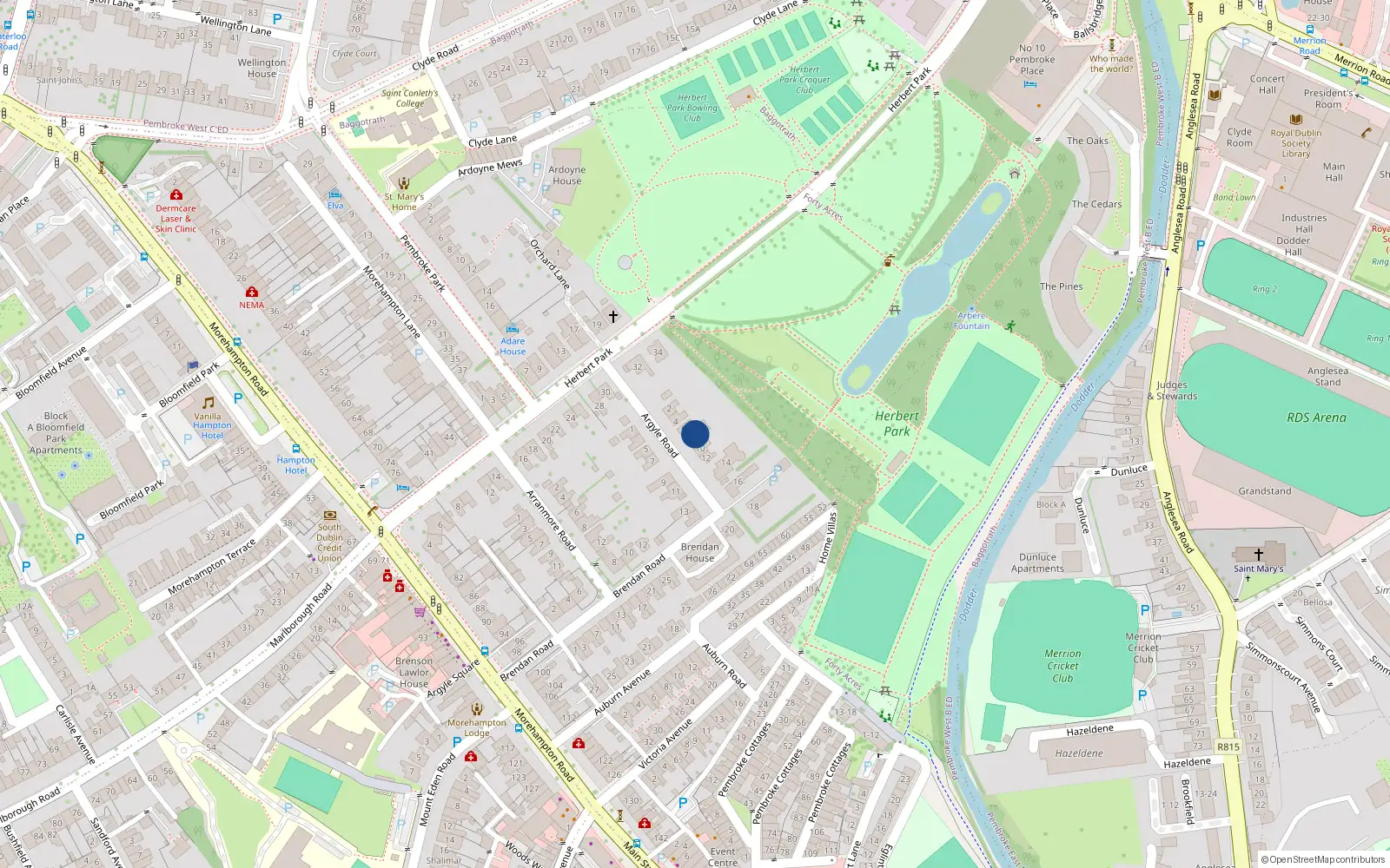Overhead map showing the location of 8 Argyle Road, Dublin 4