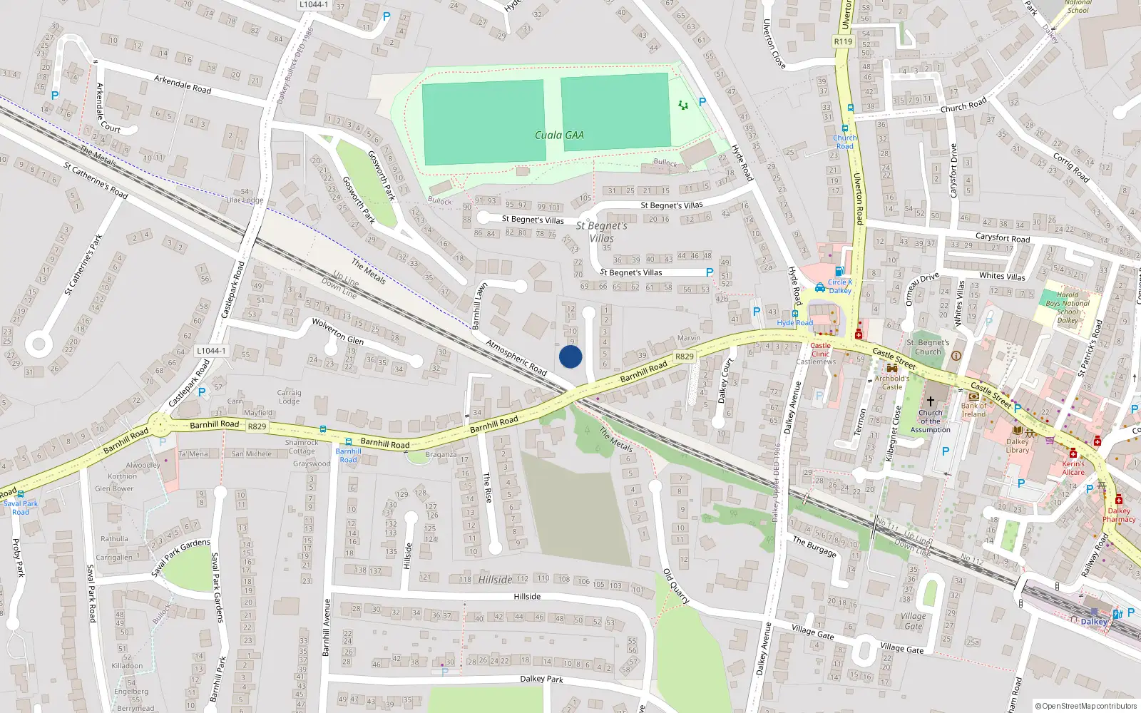 Overhead map showing the location of 8 Barnhill Grove, Dalkey, Dublin