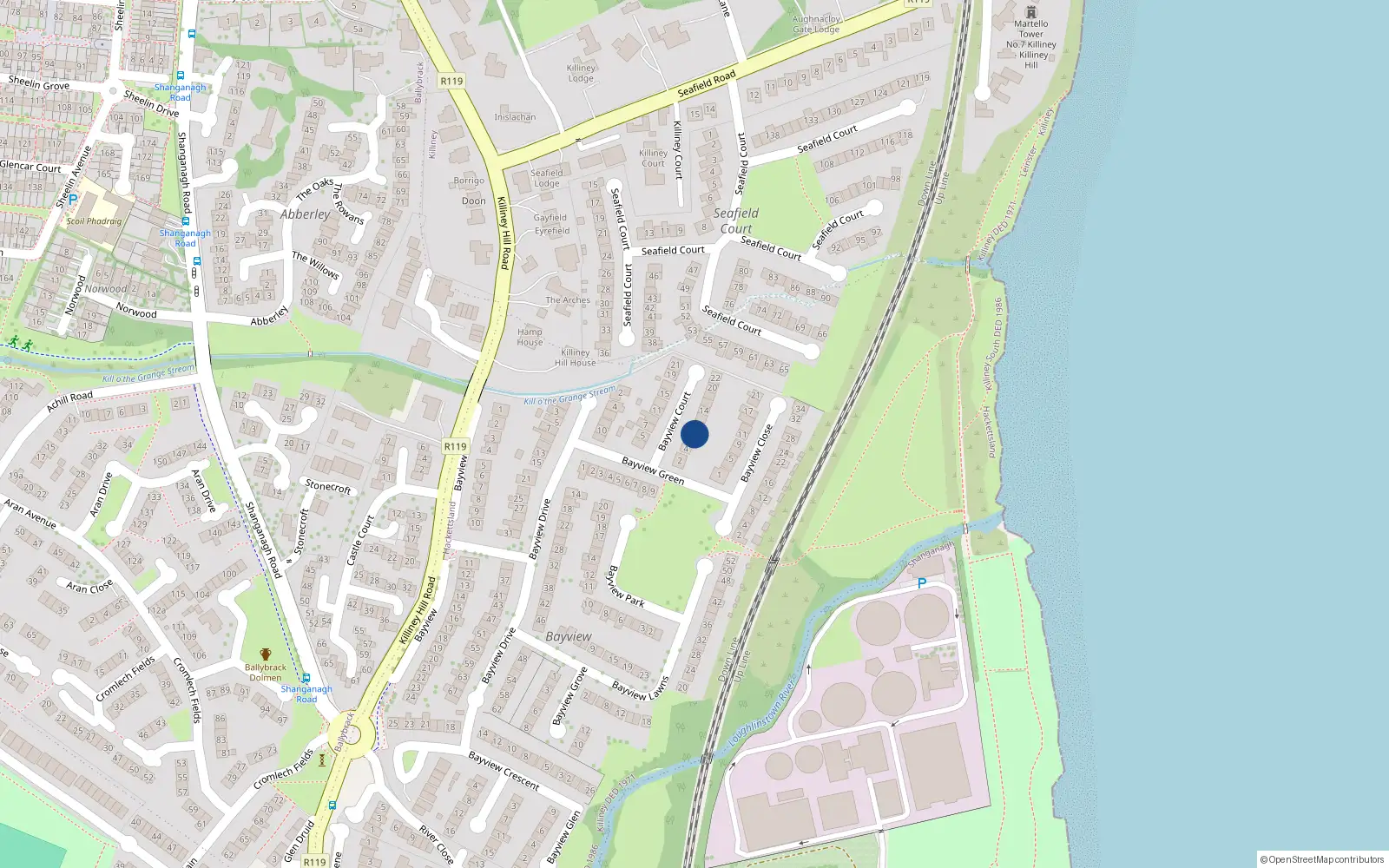 Overhead map showing the location of 8 Bayview Court, Killiney Hill Road, Killiney