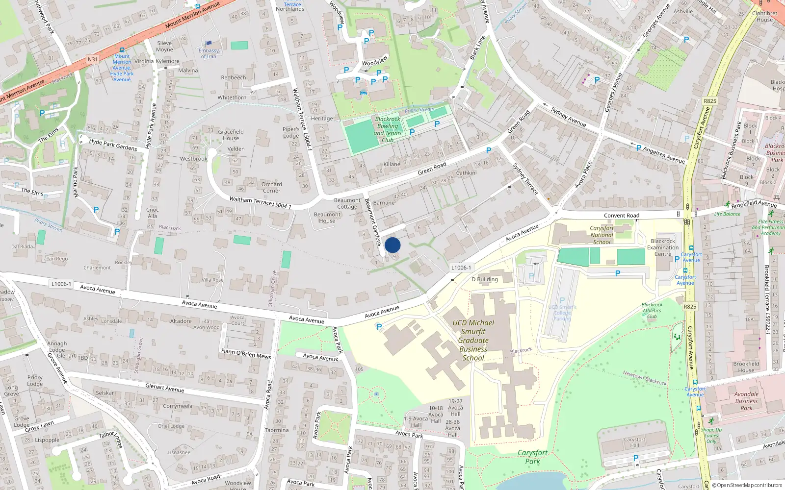 Overhead map showing the location of 8 Beaumont Gardens, Blackrock, Co Dublin