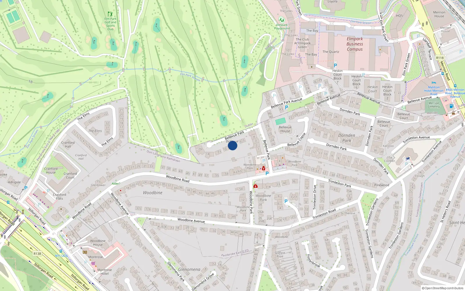 Overhead map showing the location of 8 Bellevue Park, Blackrock, Co Dublin