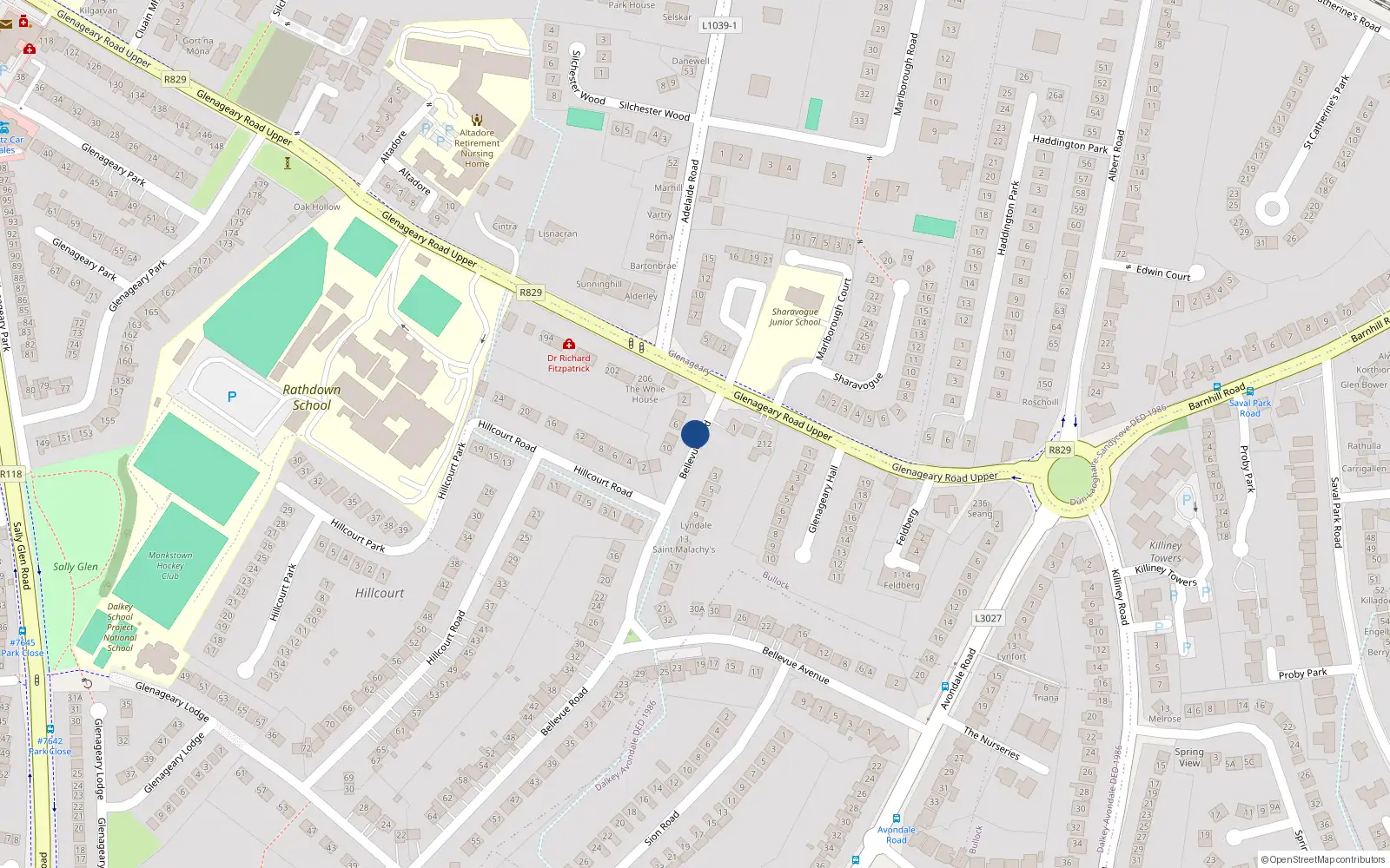 Overhead map showing the location of 8 Bellevue Road, Dublin
