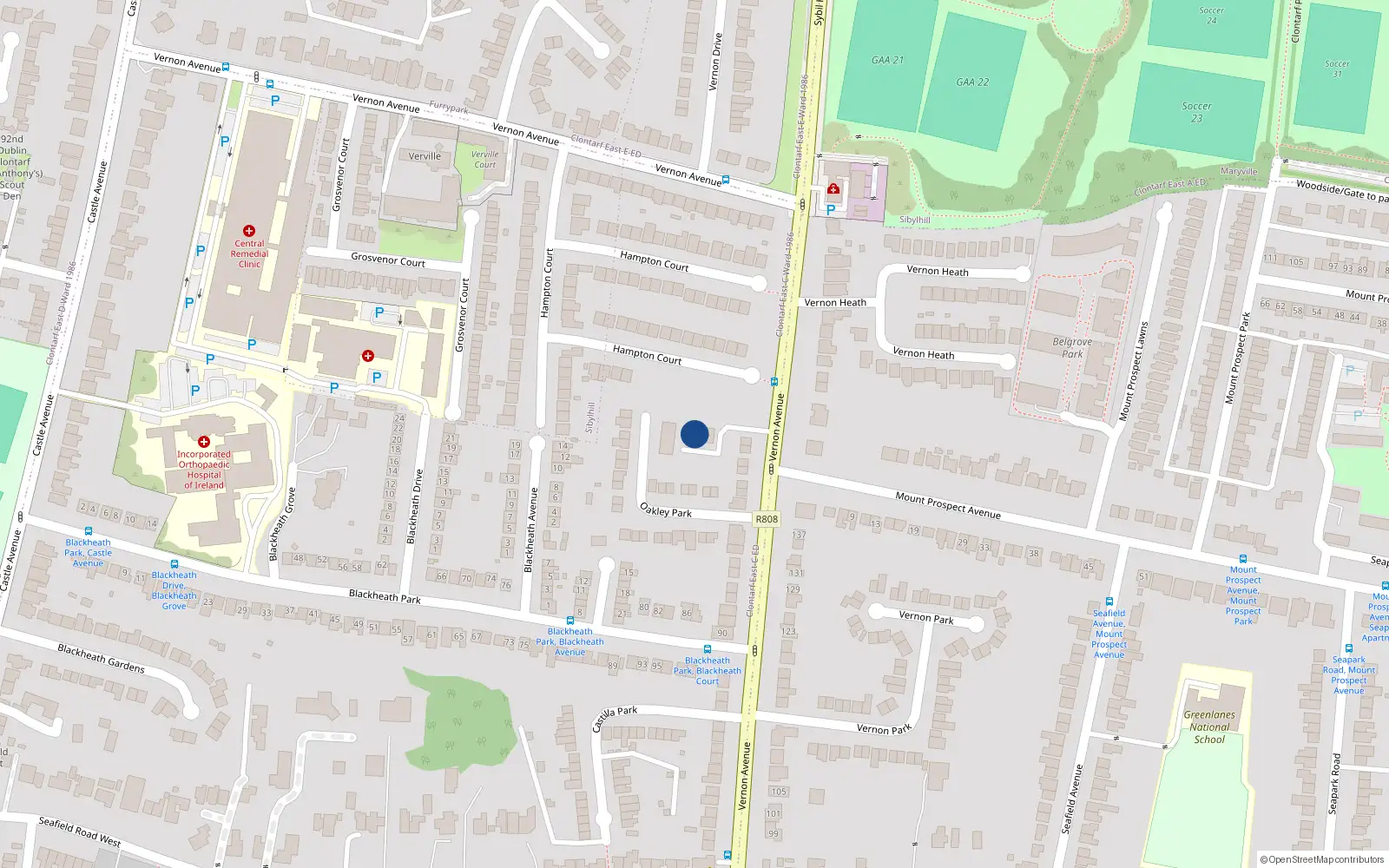 Overhead map showing the location of 8 Beverley Court, Vernon Avenue, Clontarf, Dublin 3