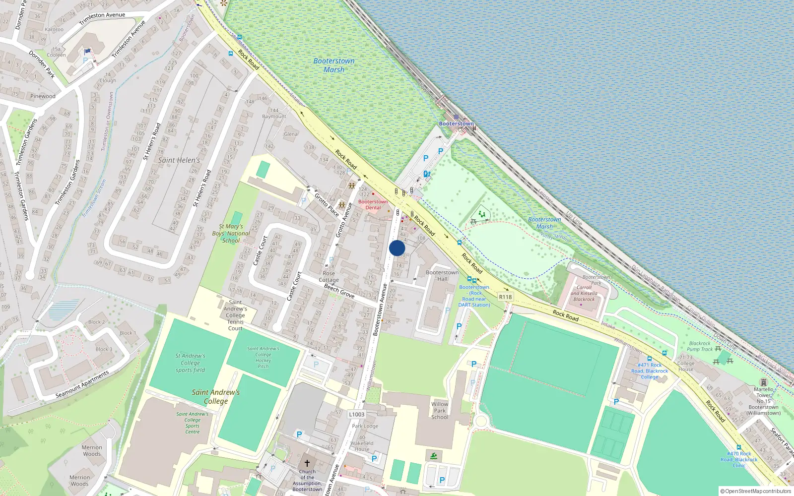 Overhead map showing the location of 8 Booterstown Avenue, Booterstown