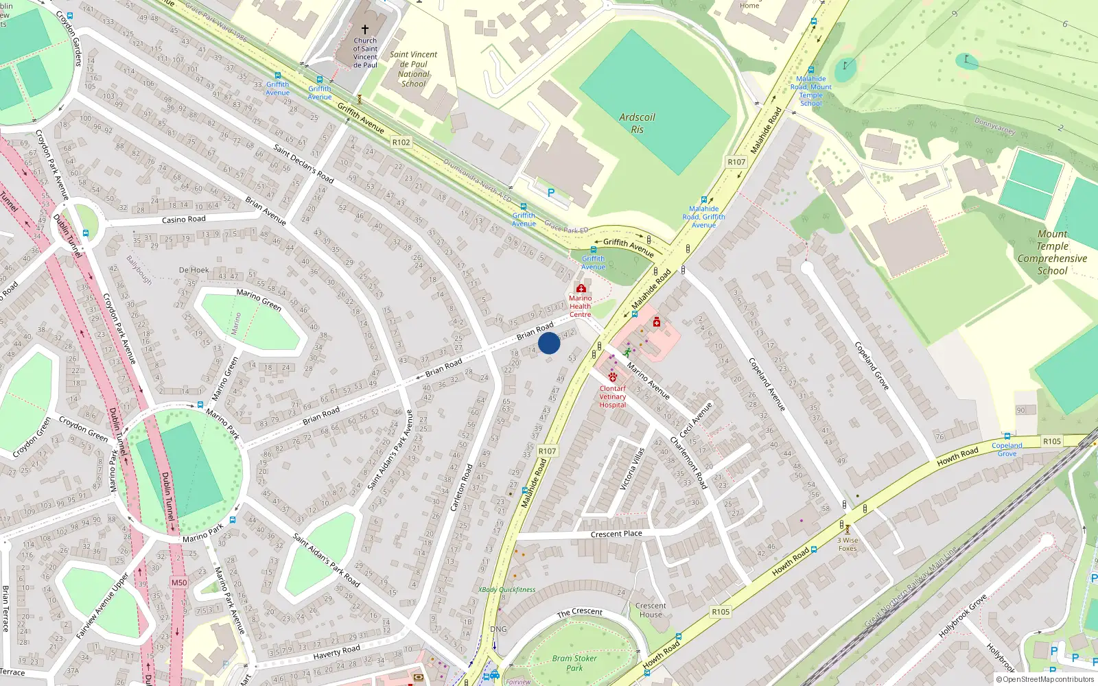 Overhead map showing the location of 8 Brian Road, Marino, Dublin 3