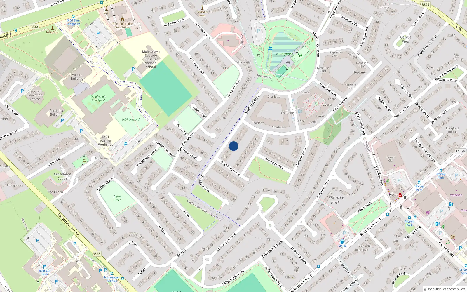 Overhead map showing the location of 8 Brickfield Drive, Honeypark, Dun Laoghaire