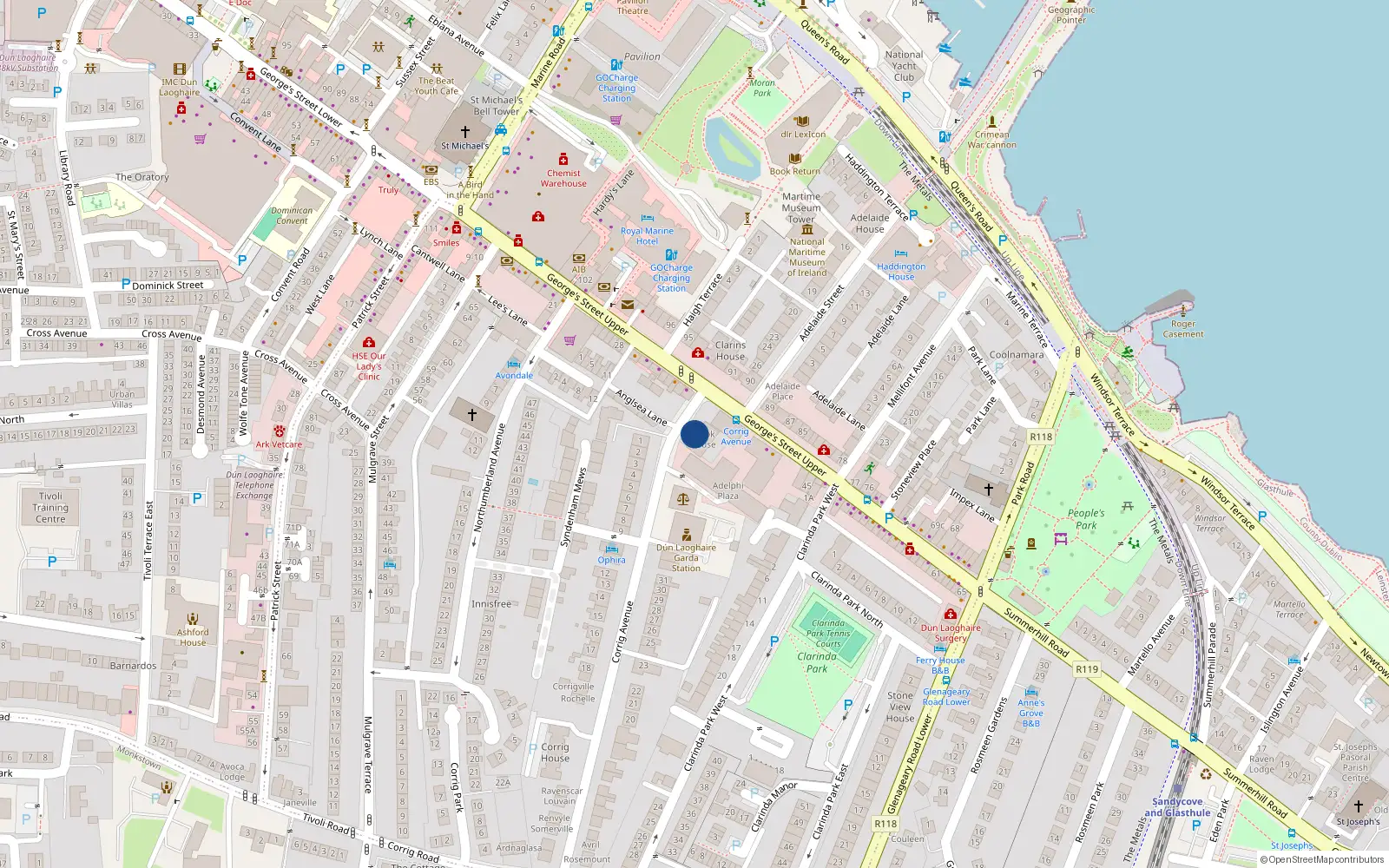 Overhead map showing the location of 8 Brook House, Corrig Avenue, Dun Laoghaire