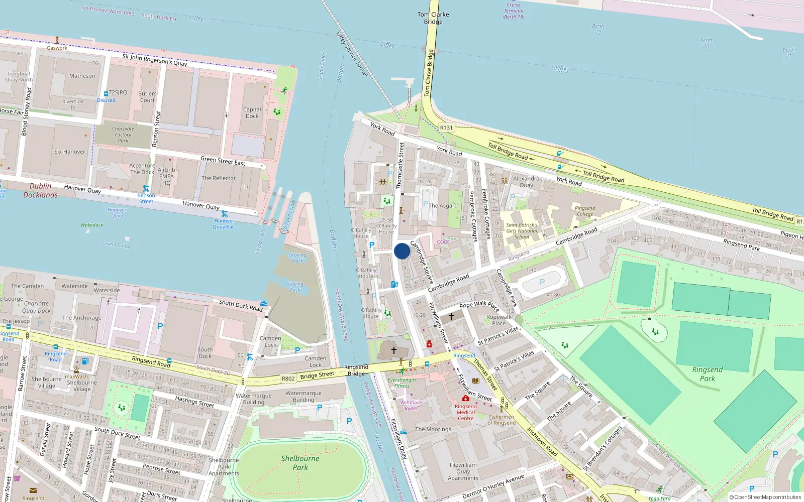 Overhead map showing the location of 8 Cambridge Square, Ringsend