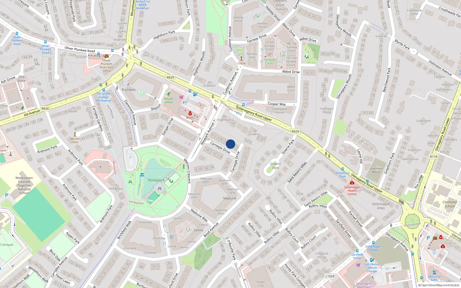 Overhead map showing the location of 8 Carnegie Drive, Dun Laoghaire