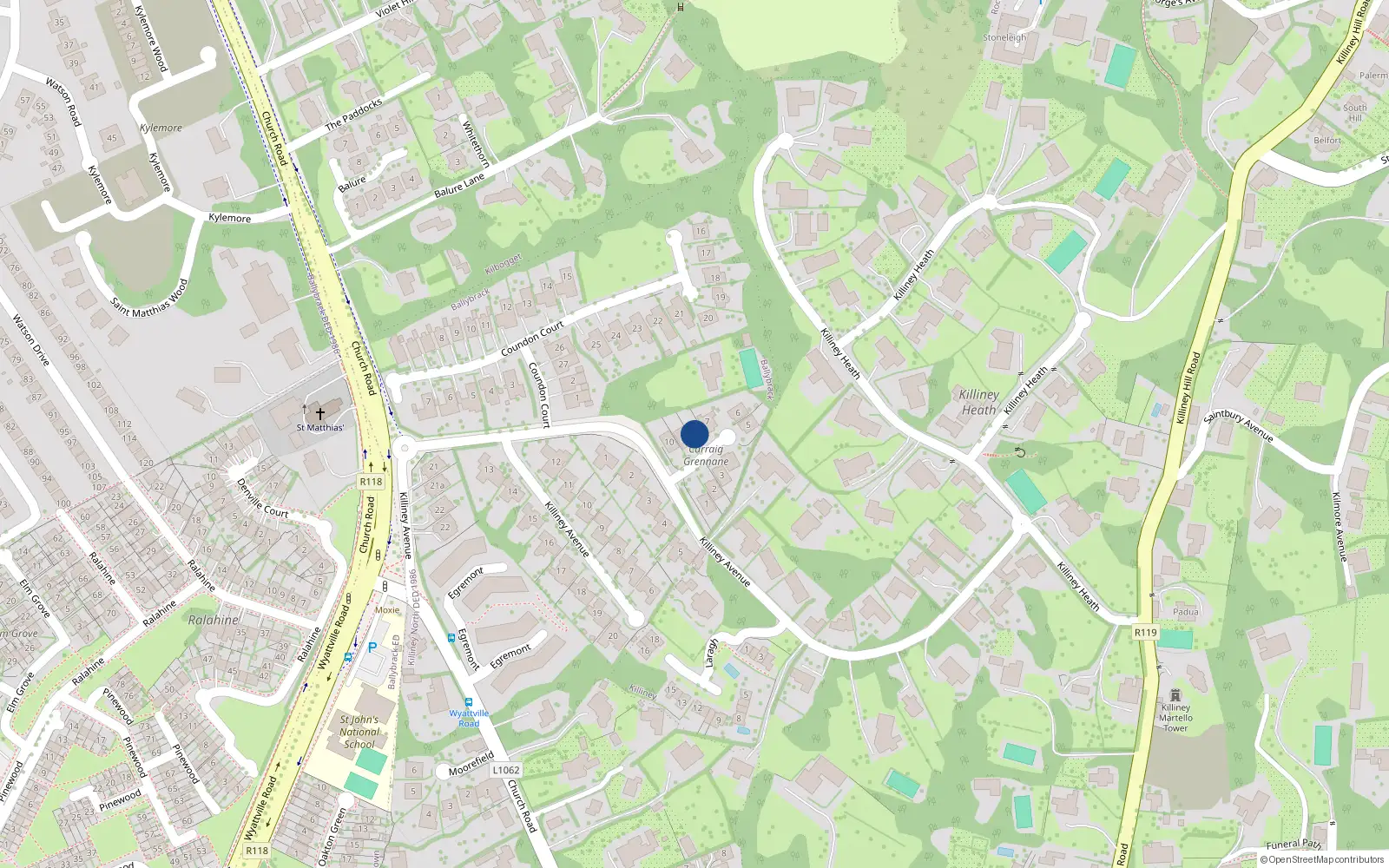 Overhead map showing the location of 8 Carraig Grennane, Killiney Avenue, Killiney